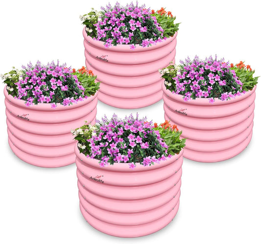A ANLEOLIFE Kids Raised Garden Beds Outdoor (4-Pack)-24x24x18in Round Galvanized Metal Planter Box for Planting Vegetables, Flowers, Fruits, Eco-Safe & Easy Setup, Blush Pink