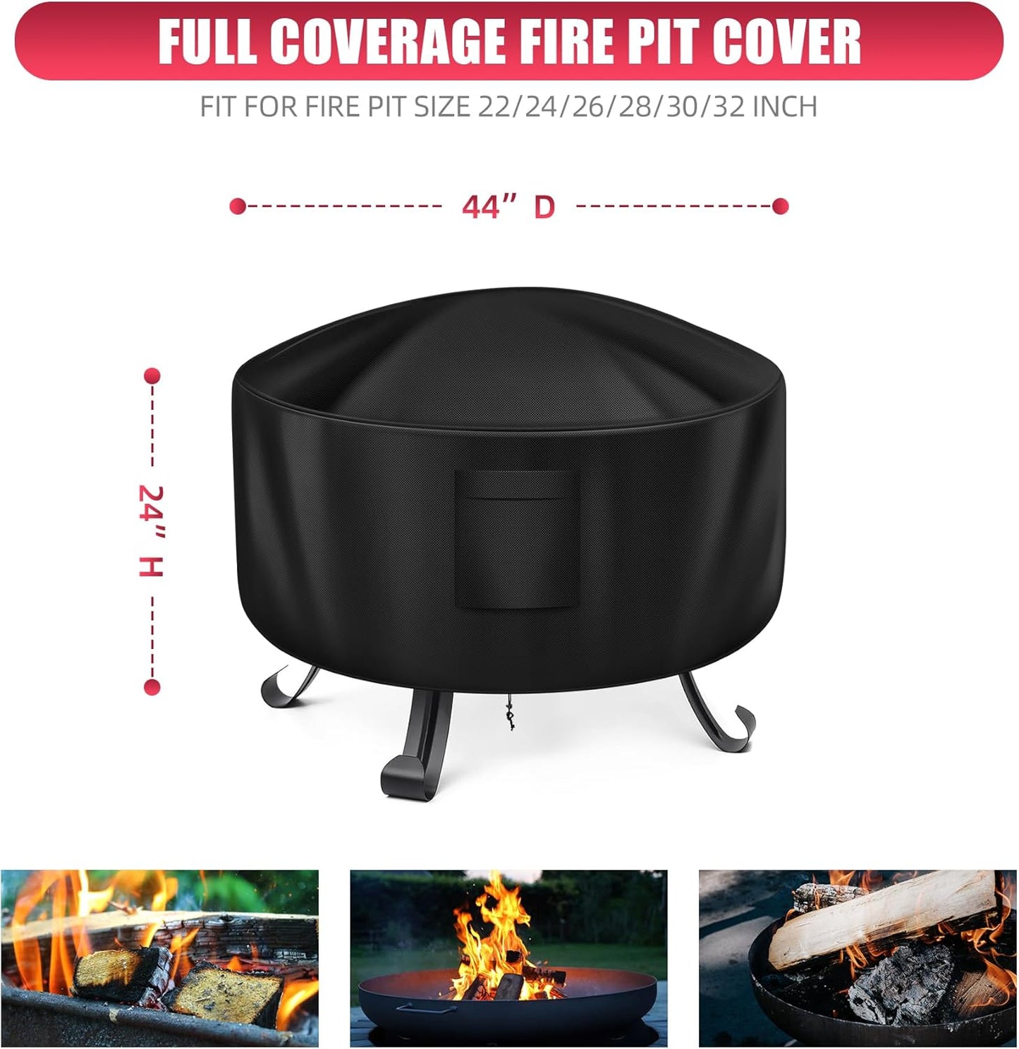 WLEAFJ Fire Pit Cover - 44 Inch, Heavy Duty Oxford Fabric, Full Coverage, Waterproof