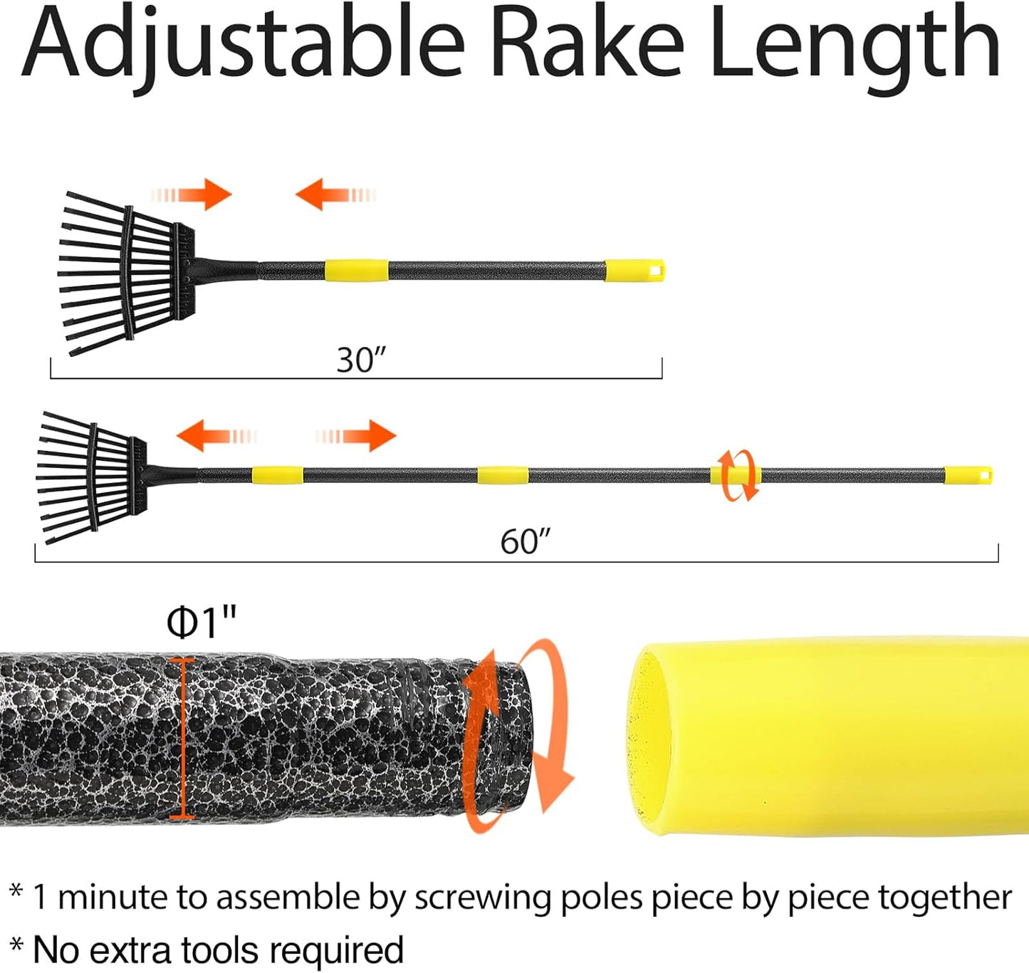Rake, Metal Garden Leaf Rake for Leaves with 32 Gallon Lawn and Leaf Bags & Leaf Scoops, Adjustable 11 Tines 9" Wide Small Adult Kids Lawn Shrub Yard Landscape Rake Heavy Duty Long Handle 30-60