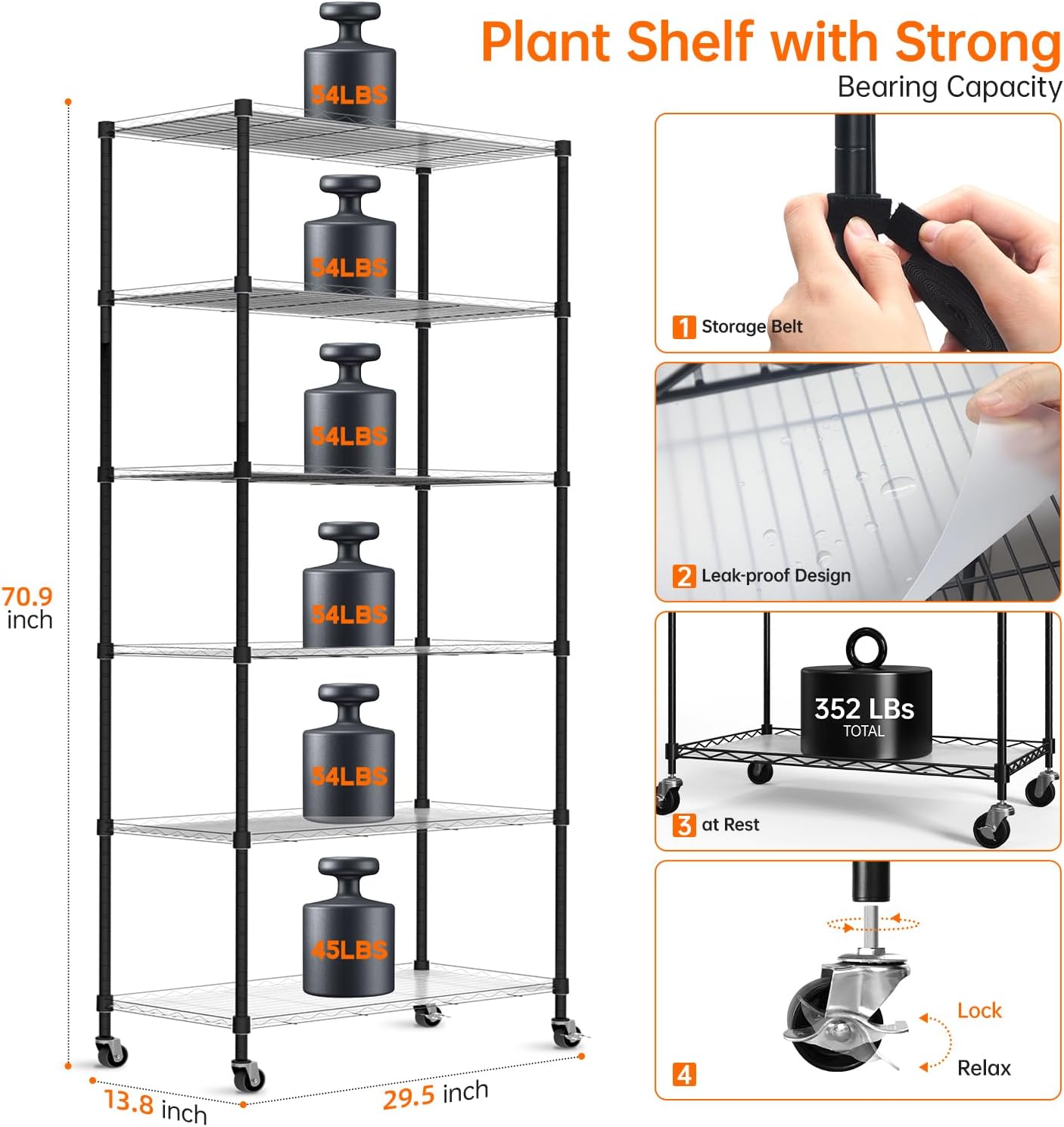 DIY Plant Shelf with Grow Lights, Grow Light Shelf with Adjustable Rack and Wheels, Plant Stand, 8-Pack 192W T8 3000K Full Spectrum Grow Lights for Seed Starting,Seed Tray(29.5L x 13.8W x70.9H)