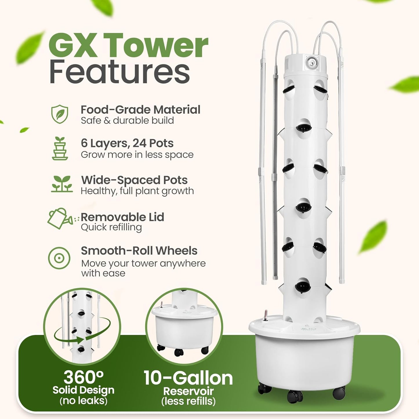 GX Hydroponic Tower | Vertical Planter Tower | Hydroponics Growing System Kit | Food Grade with 24 Net Pots (with LED Grow Lights)