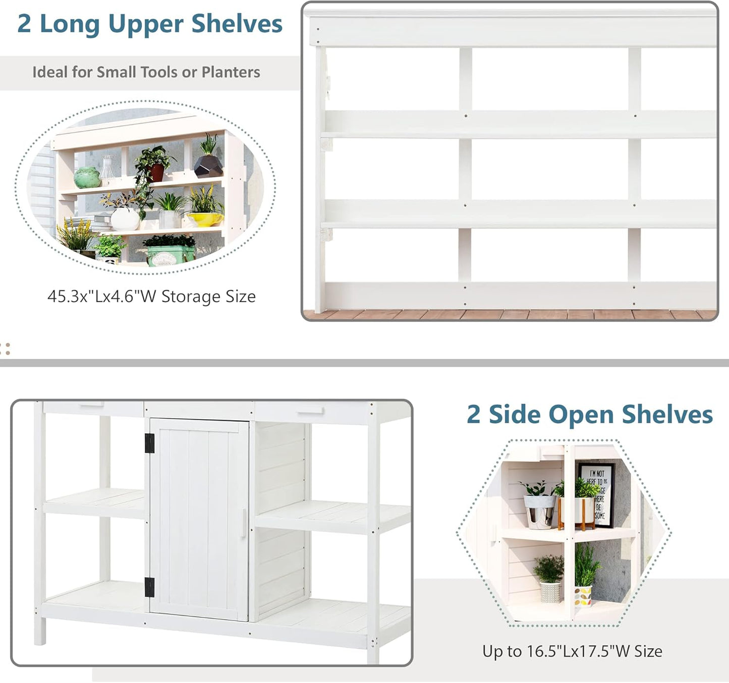 Merax 66" Large Outdoor Farmhouse Wooden Potting Bench Table, Garden Workstation with 2 Drawers, Cabinet, and Open Shelves for Backyard, Mudroom, White