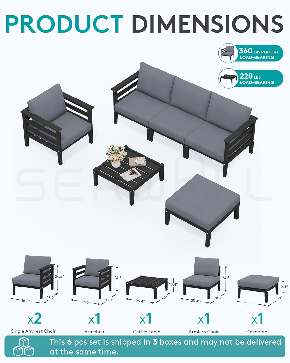 SERWALL HDPE Patio Furniture Set, 6 Pieces Outdoor Sectional Sofa Set, All-Weather Wood-Like Outdoor Sofa Couch with Coffee Table for Deck, Lawn, Black Frame with Grey Cushion