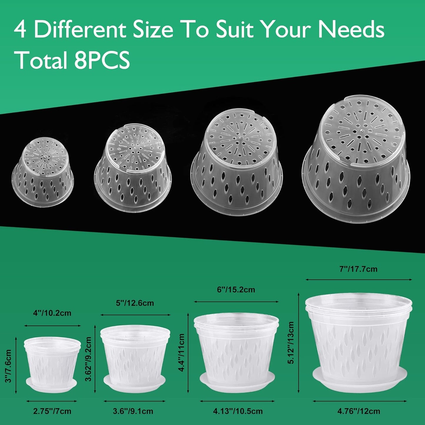 Orchid Plants- 2 Each of 4, 5, 6 and 7 inch- 8 Sets with Saucers, Orchid Pots with Holes and Clear Plastic Orchid Pots for Repotting