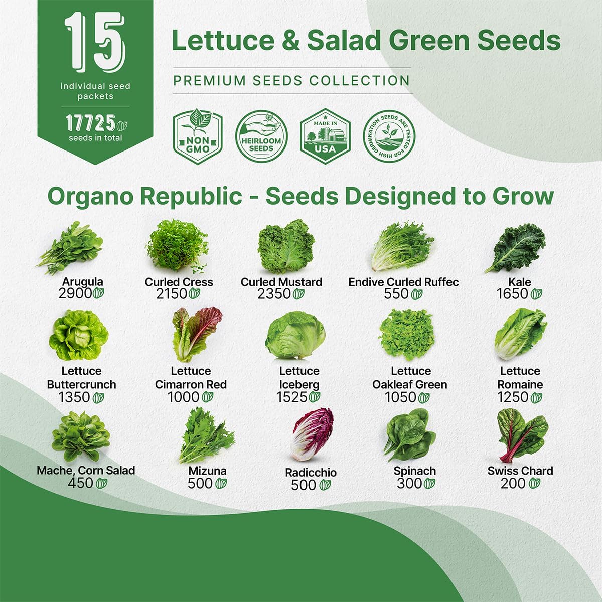 Organo Republic 15 Lettuce & Salad Greens Seeds Variety Pack 17700+ Non-GMO Heirloom Lettuce Seeds for Indoors & Outdoors Garden, Hydroponics, Aerogarden - Arugula, Kale, Spinach, Swiss Chard, Lettuce