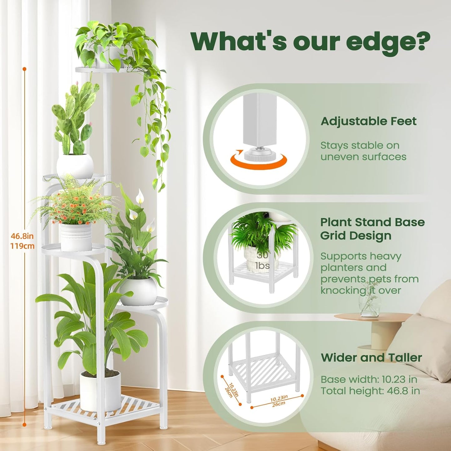 TOSKING 5 Tier Tall Plant Stand Indoor Outdoor, Heavy Duty Corner Shelf for Plants & Decor, Space Saving 3.9FT Metal Flower Pot Stand for Balcony, Garden, Living Room, Patio (White, 47in)