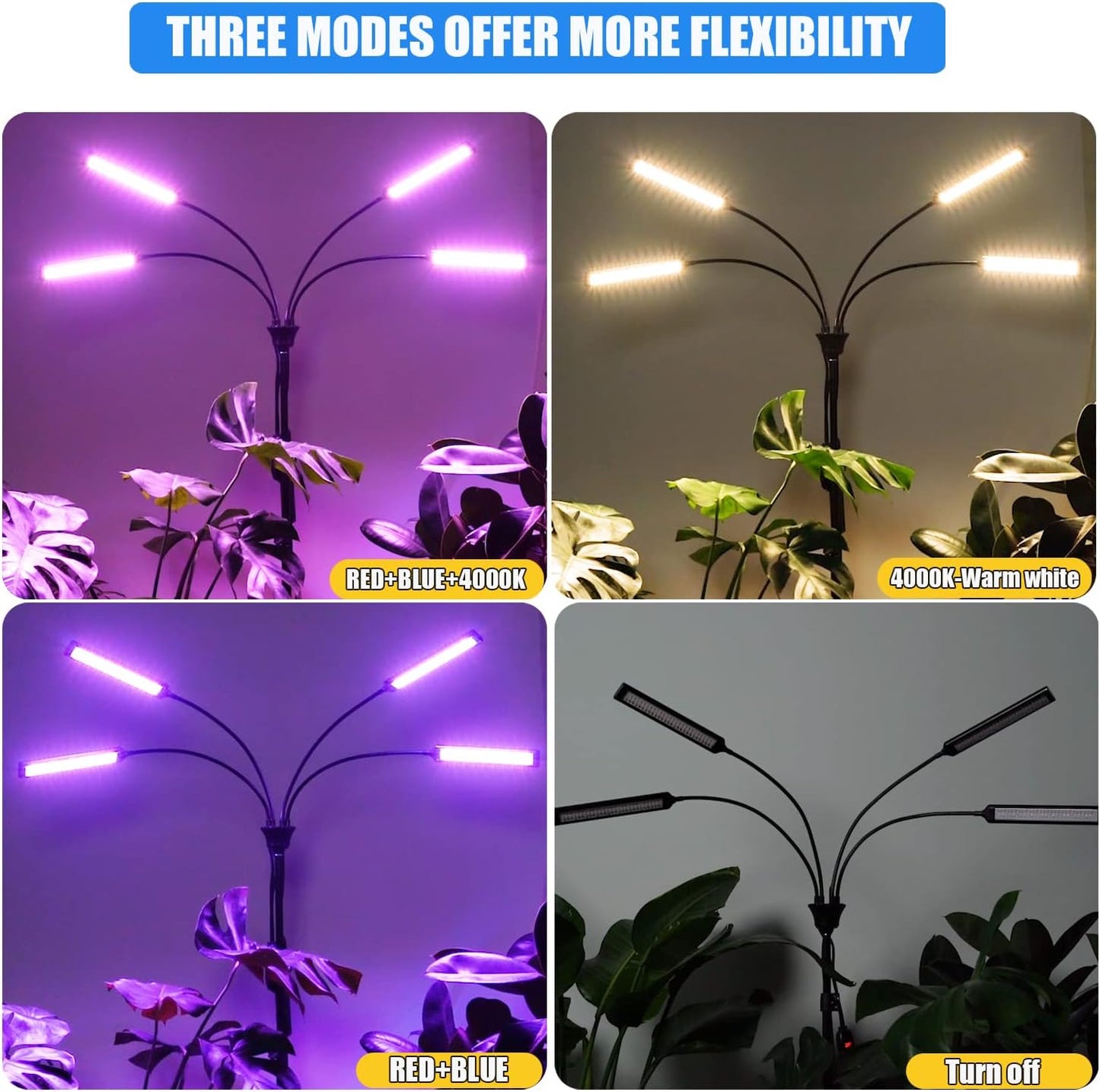 Grow Lights for Indoor Plants 4 Heads, Full Spectrum Plant Lights for Indoor Growing with Tripod Stand, Auto On/Off Timing 3/6/9/12/15/18H, LED Grow Lights for Indoor Plants. (4 Wide Heads)