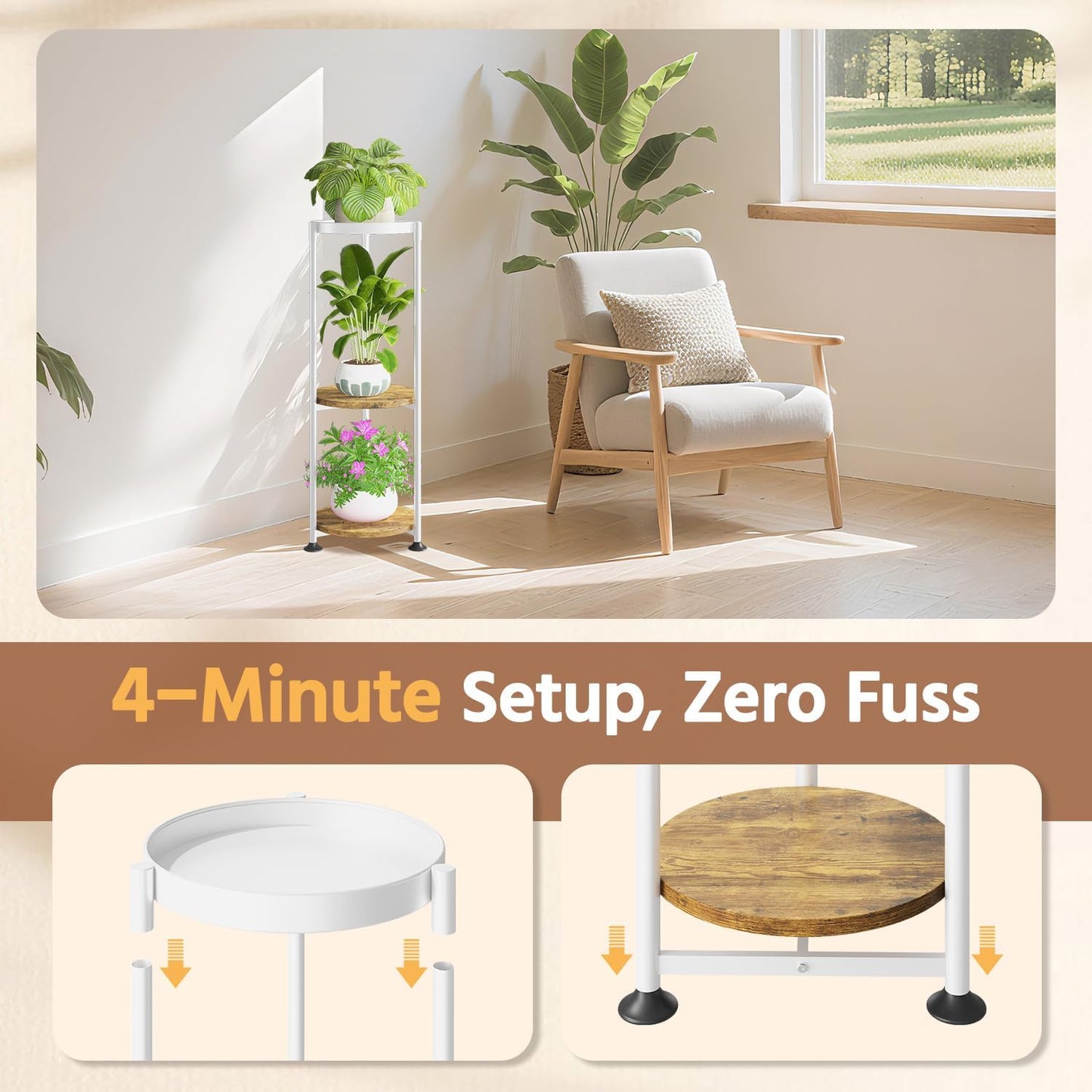 LASZOLA 3 Tier White Plant Stand Indoor for Large Tall Heavy Duty Flower Planter, Metal Vertical Multi Level Rack for Narrow Floor Corner, Sturdy Round Holder Organizer, Modern, Mid Century, Farmhouse