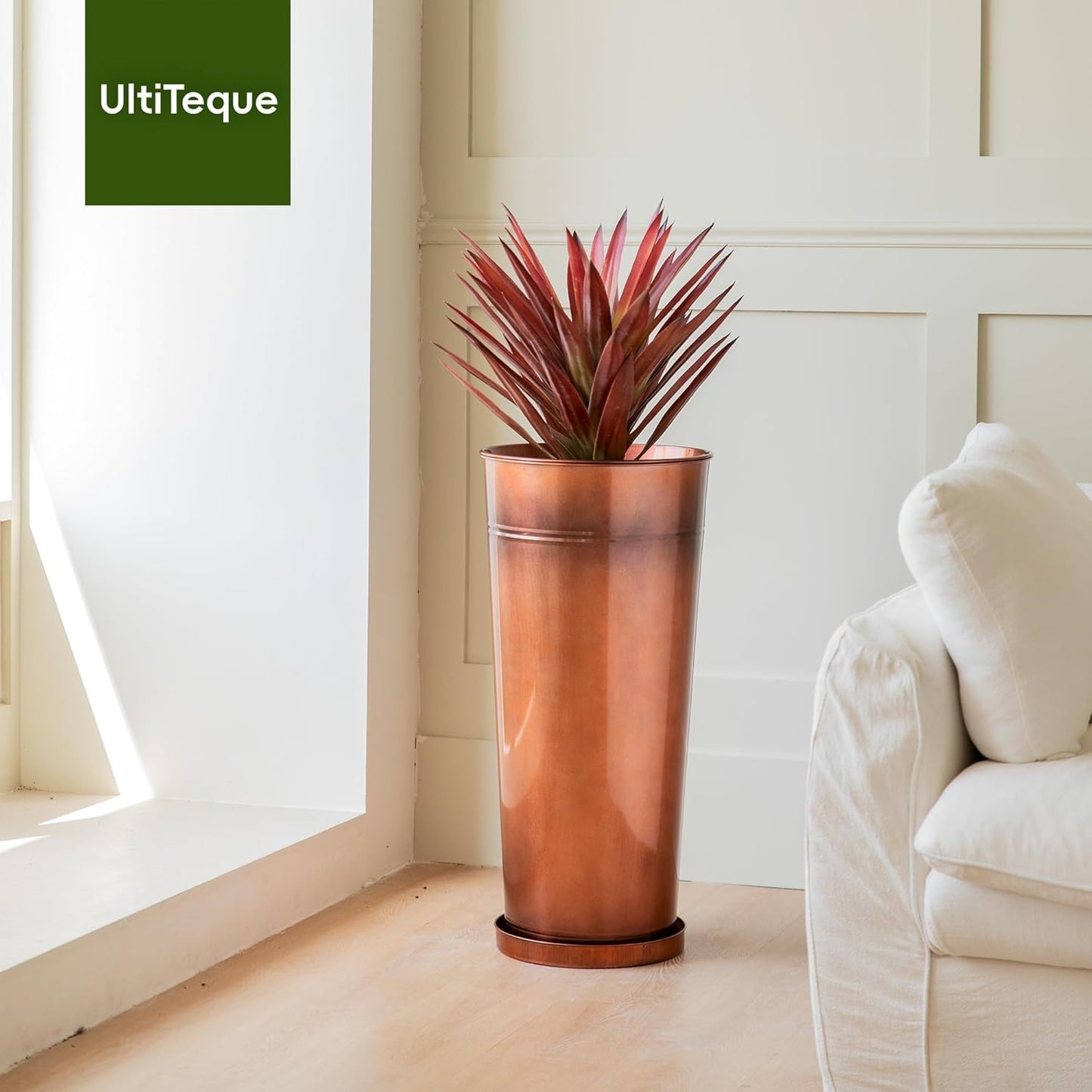 28in Tall Antique Copper Metal Vintage Planter Set of 2,Galvanized Steel Planter Pots for porches/Indoor/terraces Patio- Copper Color(2planters,2inner pots with Holes, 2trays)