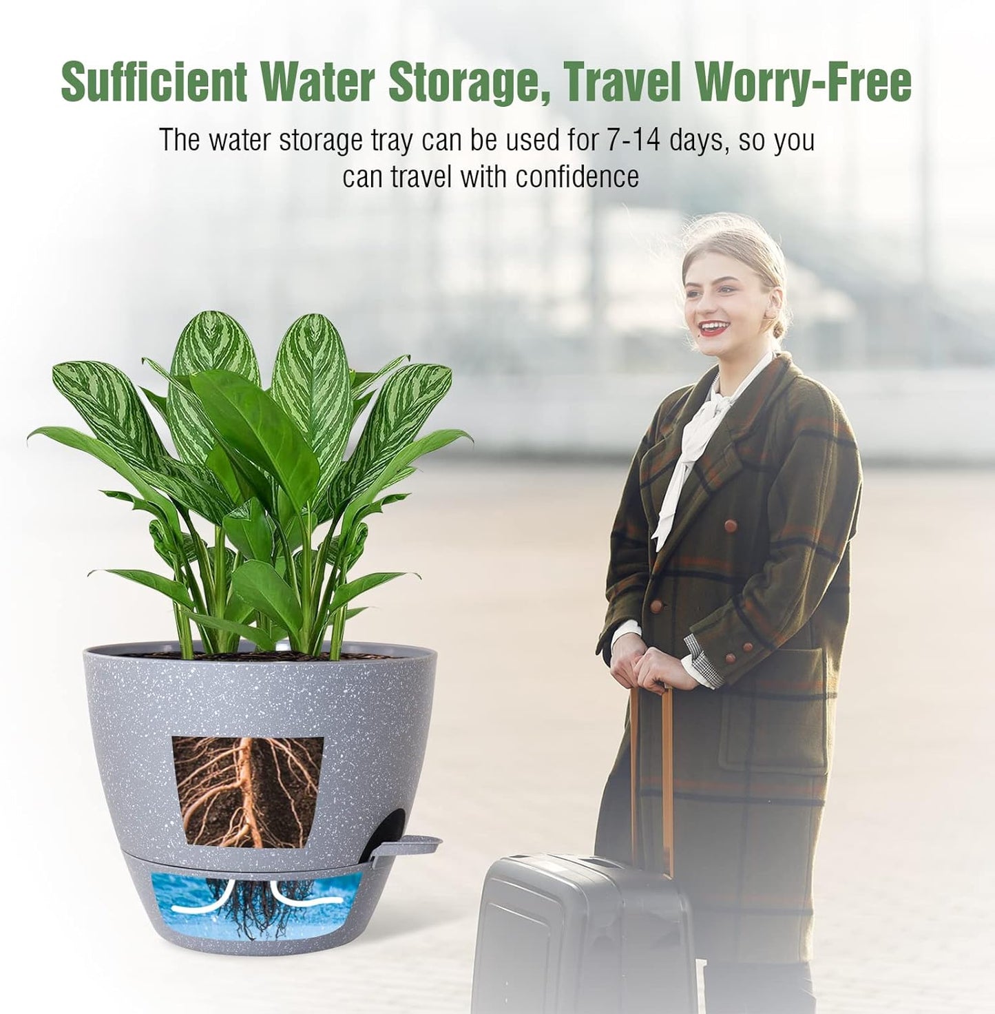 WOUSIWER 10 inch Self Watering Planters, 2 Pack Large Plastic Plant Pots with Deep Reservior and High Drainage Holes for Indoor Outdoor Plants and Flowers, Speckled Grey