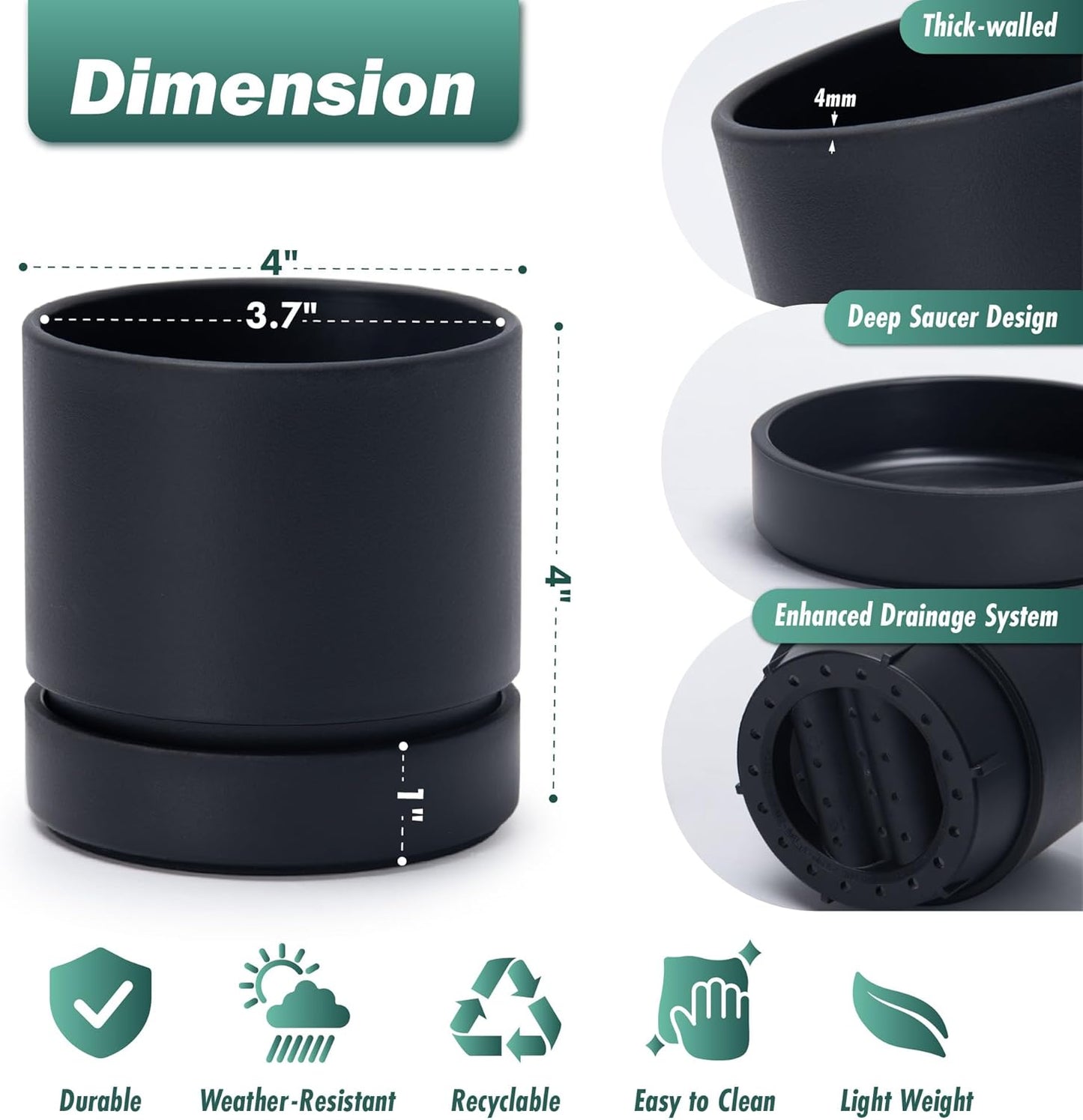 Phoenix Vine 4 Inch Planter Pot with Drainage Hole & Saucer, Deep Water Catch Tray, Straight Cylindrical Round Pot for Plants, Matte Black, Pack of 3, 23-C-R-3