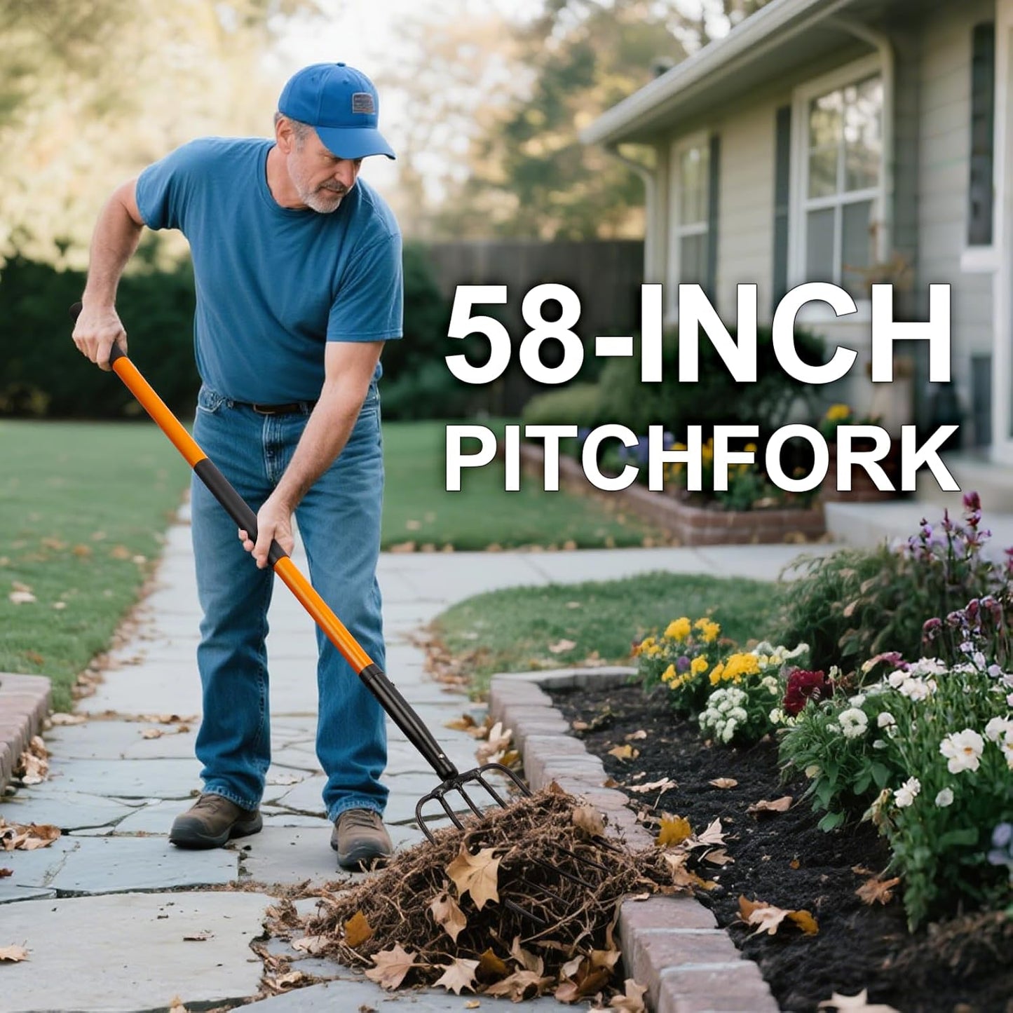 5 Tine Pitchfork for Gardening, Heavy Duty Pitchfork with Fiberglass Handle, Garden Fork for Mulching, 58 Inches