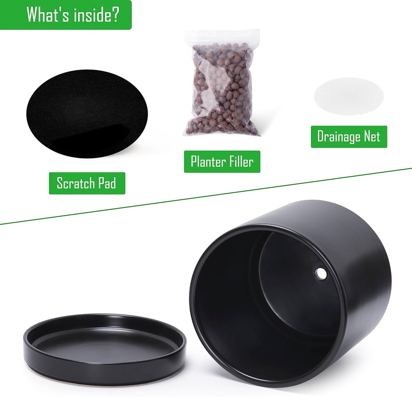 D'vine Dev Set of 2 Plants Pots, 10 Inch Ceramic Planter Pot for Plants with Drainage Hole and Saucer, Black, 94-V-E-2