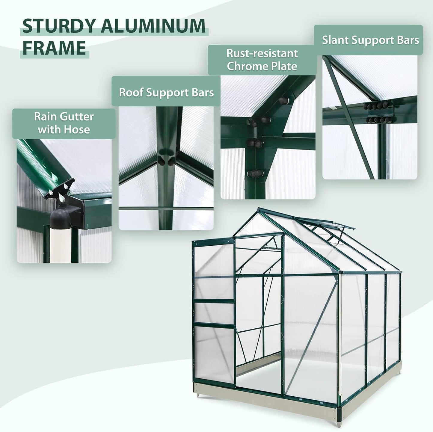 EAGLE PEAK 6x6x7 Outdoor Walk-in Hobby Greenhouse with Adjustable Roof Vent, Rain Gutter, Base and Anchor, Polycarbonate Aluminum Green House for Backyard Garden, Dark Green