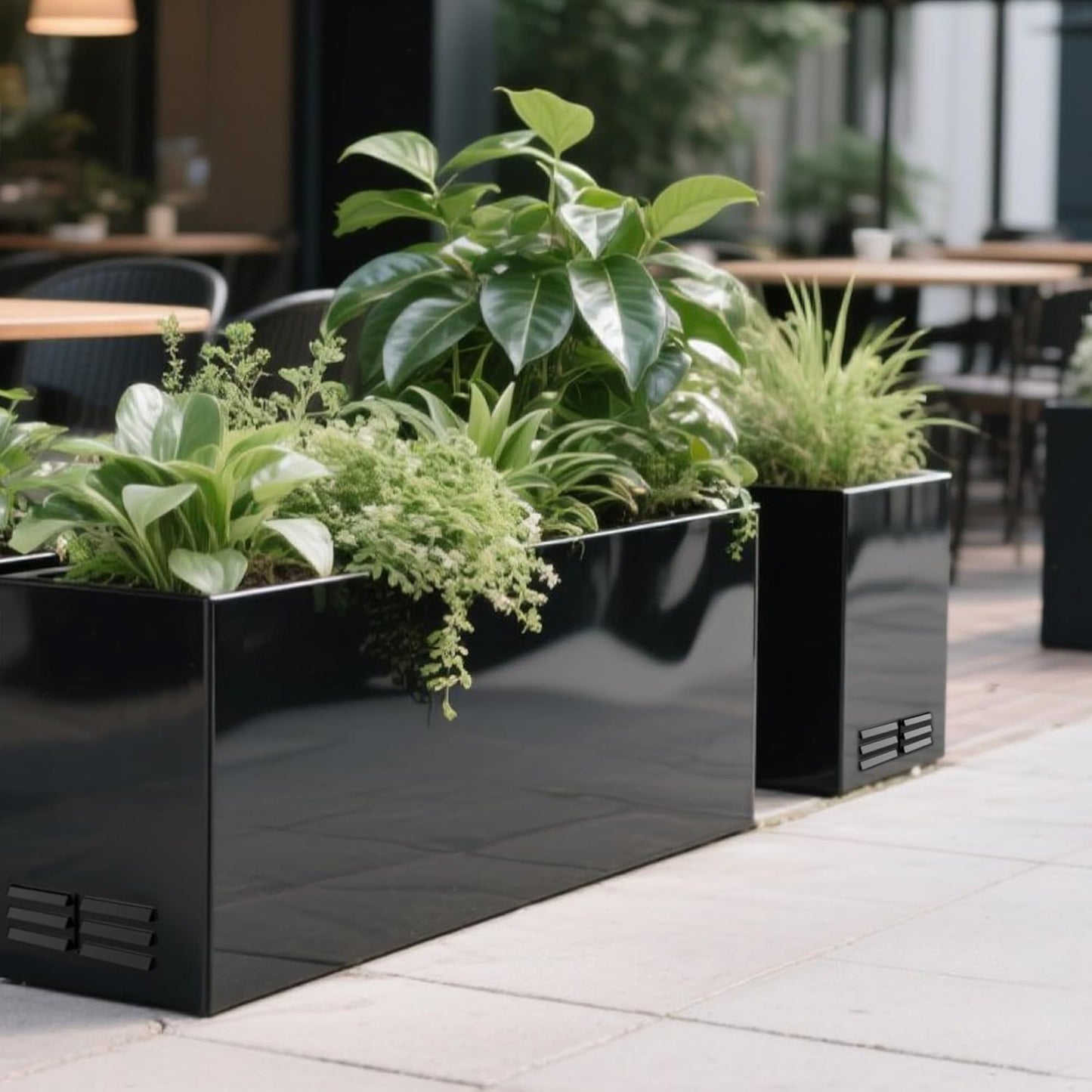 Worth Garden Metal Planter Box - 30" L x 11" W x 13" H Glossy Black Heavy Duty Large Rectangular Steel Modern Plant Pot, Indoor Outdoor - Insert Plate with Drain Holes, Air Vents, No Assembly Required