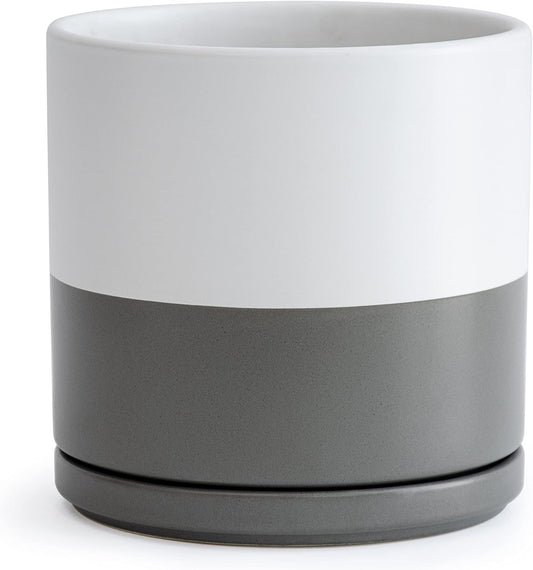 D'vine Dev 8 Inch Ceramic Planter Pot with Drainage Hole and Saucer, Indoor Cylinder Round Planter Pot, White/Speckled Grey, 94-O-D-6