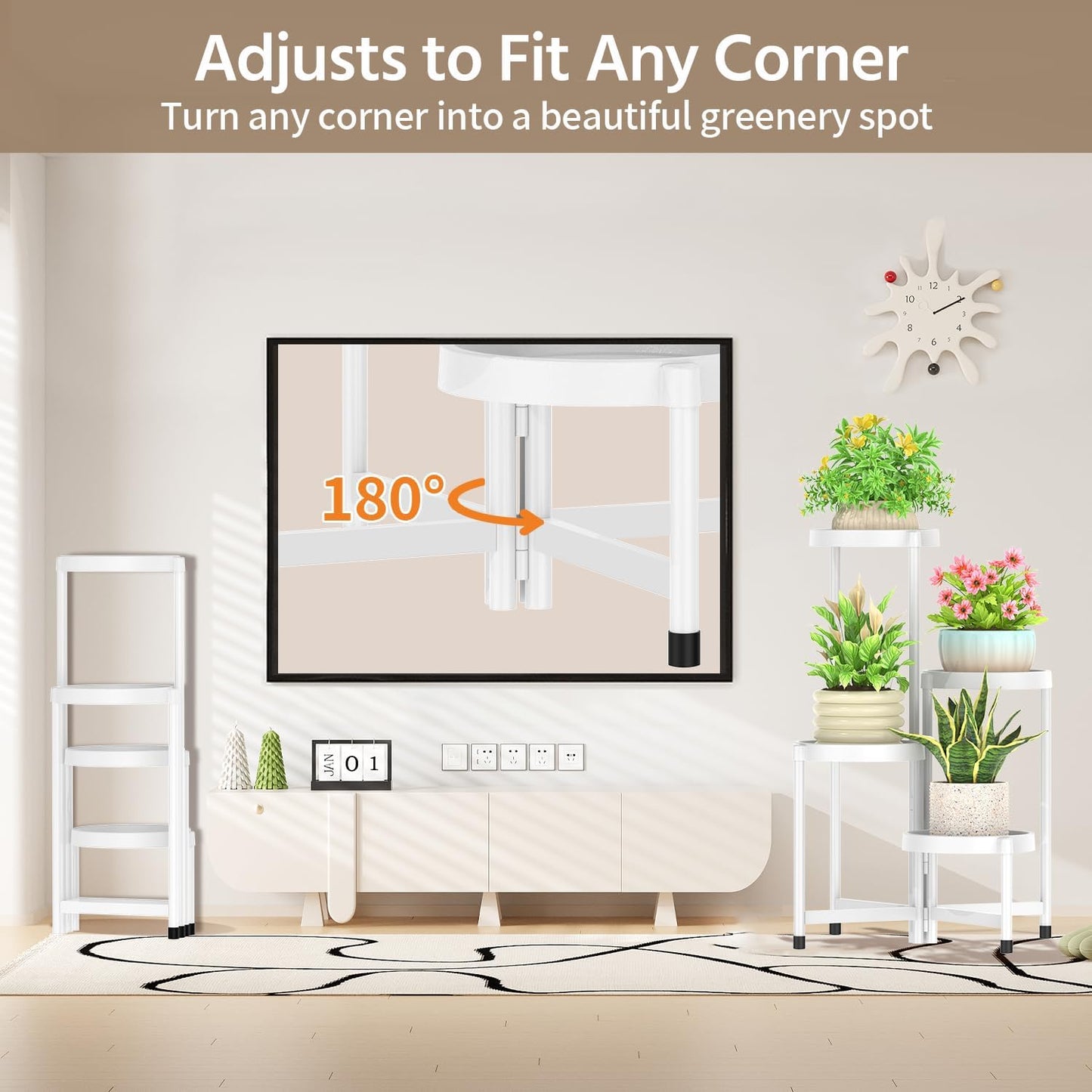 LASZOLA 4 Tiered Folding Plant Stand Indoor for Multiple Large Planter, Tall Heavy Duty Adjustable Rack with Rust Proof Plastic Shelving, Sturdy Vertical Tree Organizer for Narrow Inside Floor, White