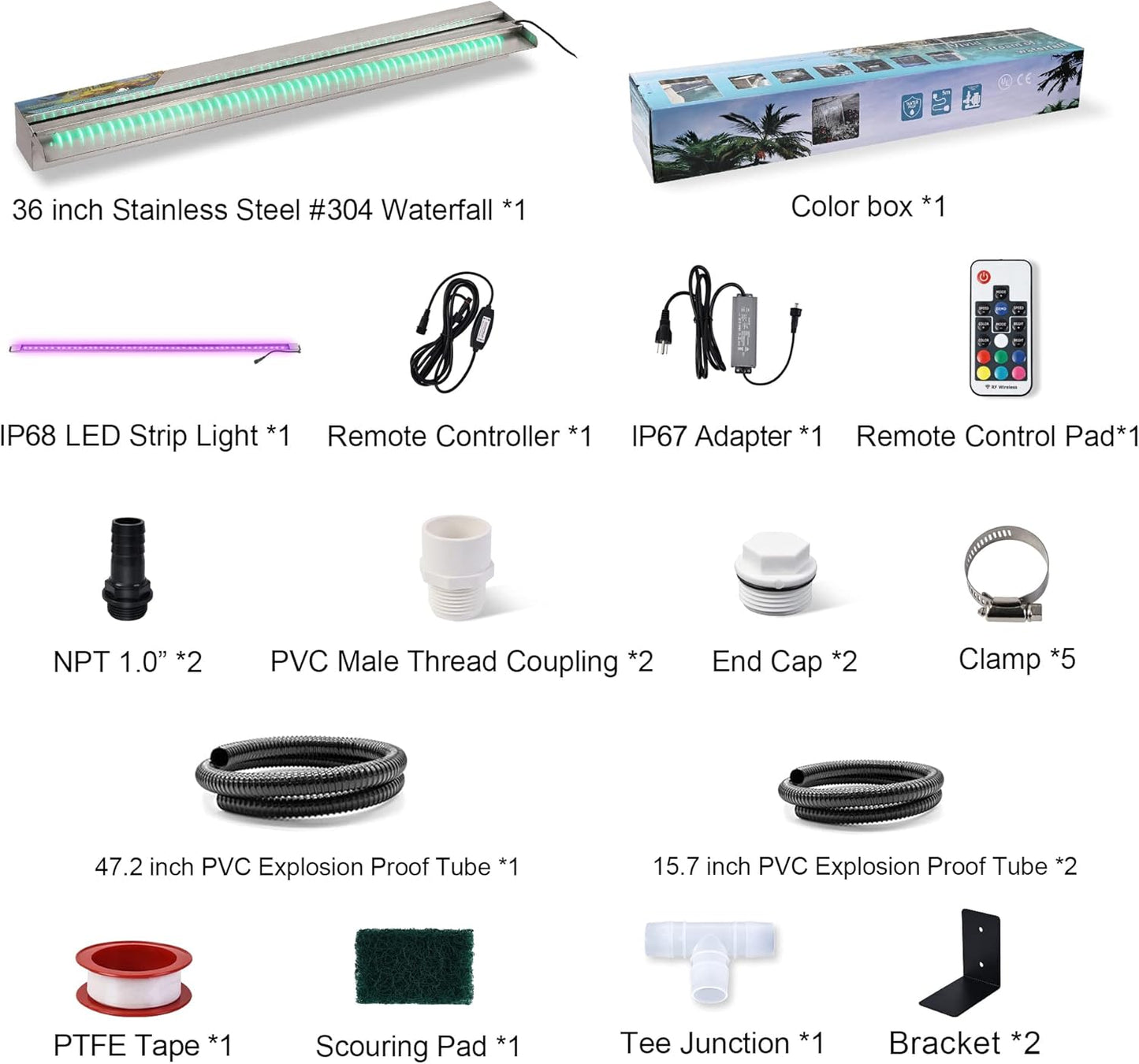 36" Water Pool Fountain 304 Stainless Steel Lighted Pool Waterfall Spillway with Wider Water Flow Platform, Multi-Color LED Strip Light with Remote Control for Indoor, Garden, Outdoor Decoration