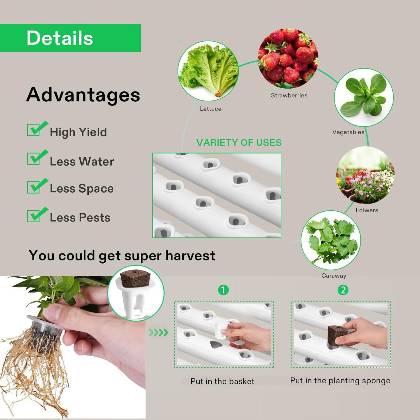 VIVOSUN Hydroponics Growing System 90 Plant Sites, 3 Layers 10 Food-Grade PVC-U Pipes Hydroponic Gardening System Grow Kit with Water Pump, Pump Timer, Nest Basket and Sponge for Leafy Vegetables