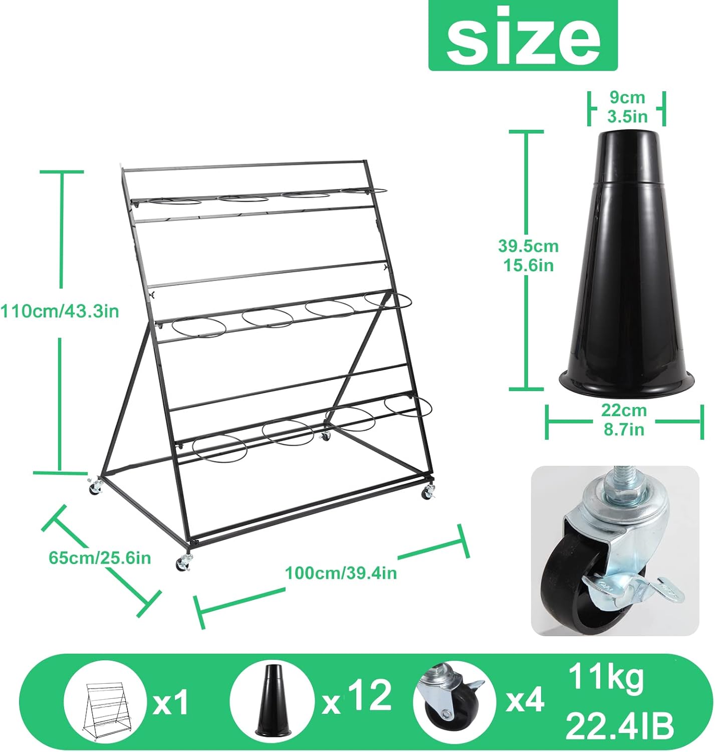 Flower Display Stand with Buckets, 3 layers Metal Plant Stand with Wheels, Moving Florist Bouquet Shelf for Fresh Flower Shop, for Patio Garden, Living Room, Outdoor Flower Pop-Up Events (Black Frame - Black Bucket)