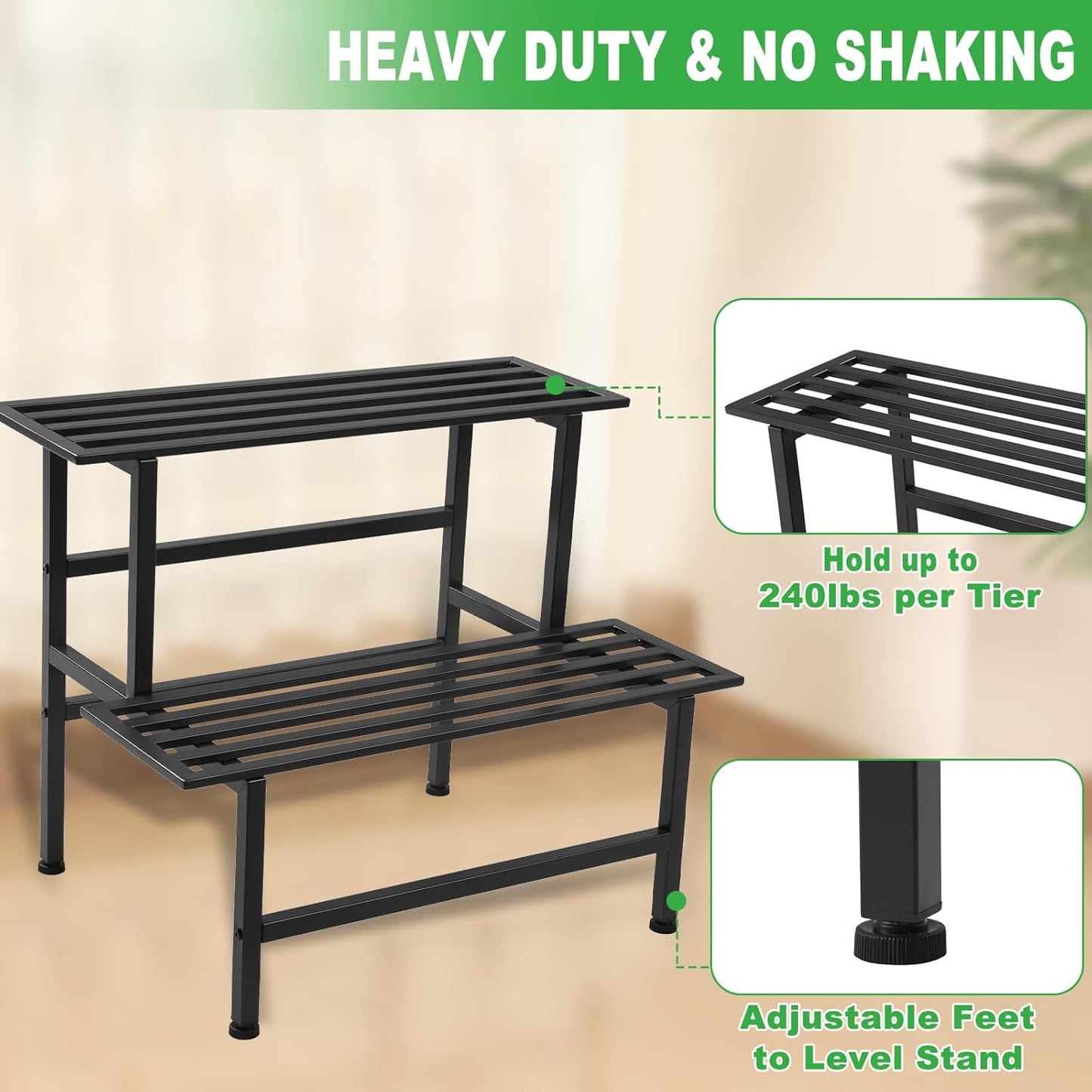 Metal Plant Stand Outdoor Plant Shelf Indoor,2 Tier Heavy Duty Ladder Plant Stands for Multiple Plants,26" L x 20.25" H x 17.75" W,Black