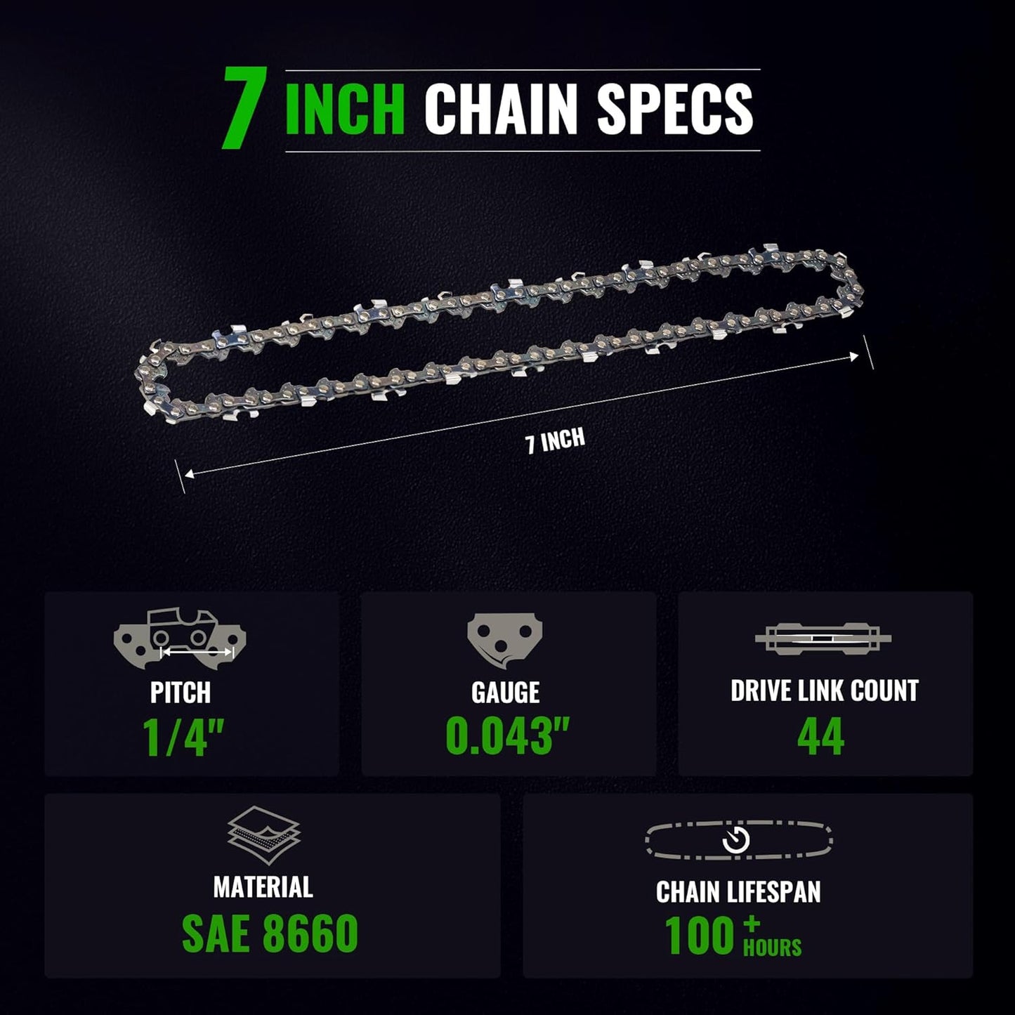 7" Chain Pitch: 1/4" Low Profile 44Drive Links Replacement Chain For 2-in-1 Cordless Pole Saw & Mini Chainsaw .043" Gauge
