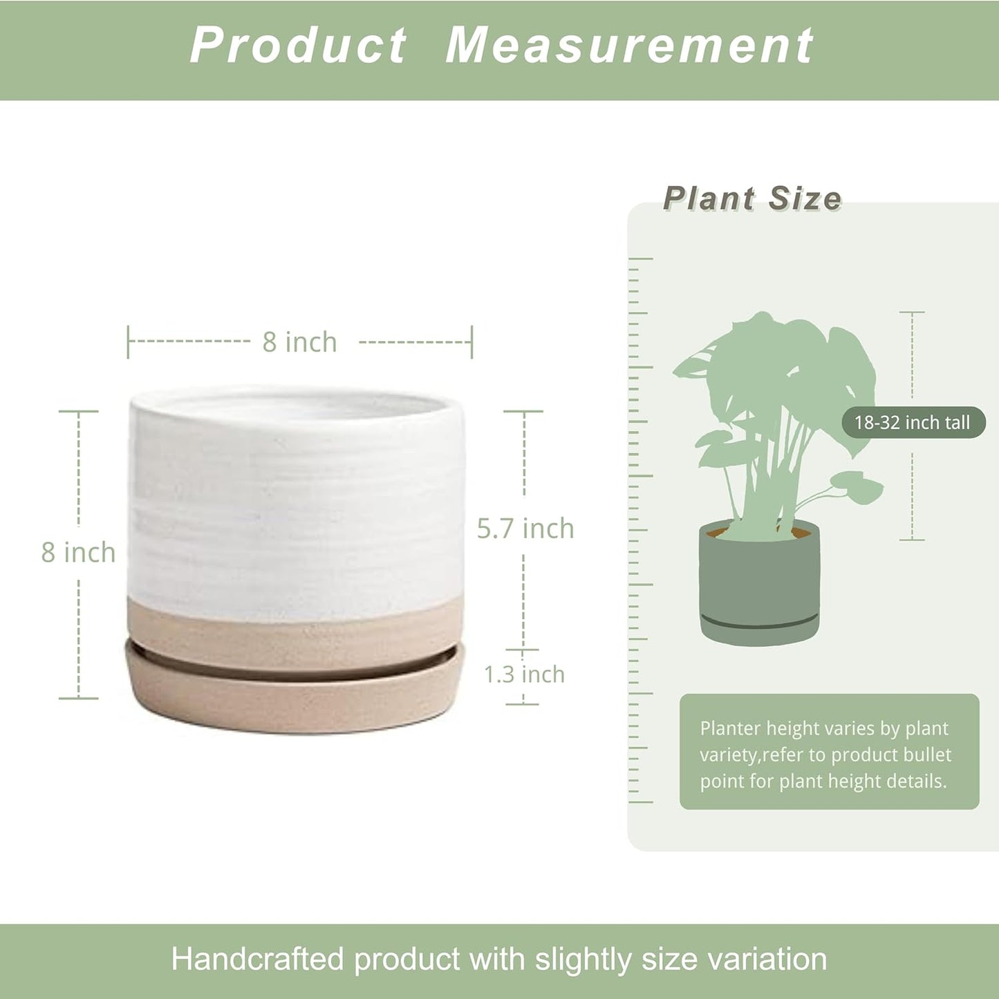 8 Inch Pots for Plants, Ceramic Planter Pot with Drainage Hole & Saucer, Indoor or Outdoor Cylinder Round Planter Pot, Matte White & Beige