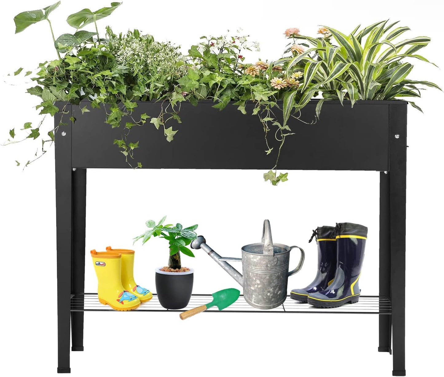 Piksedo Raised Garden Bed, Elevated Planter Metal Plant Box with Legs Standing Garden Stand Drainage Holes Frosted Black