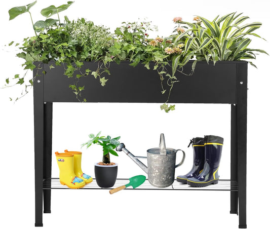 Piksedo Raised Garden Bed, Elevated Planter Metal Plant Box with Legs Standing Garden Stand Drainage Holes Frosted Black
