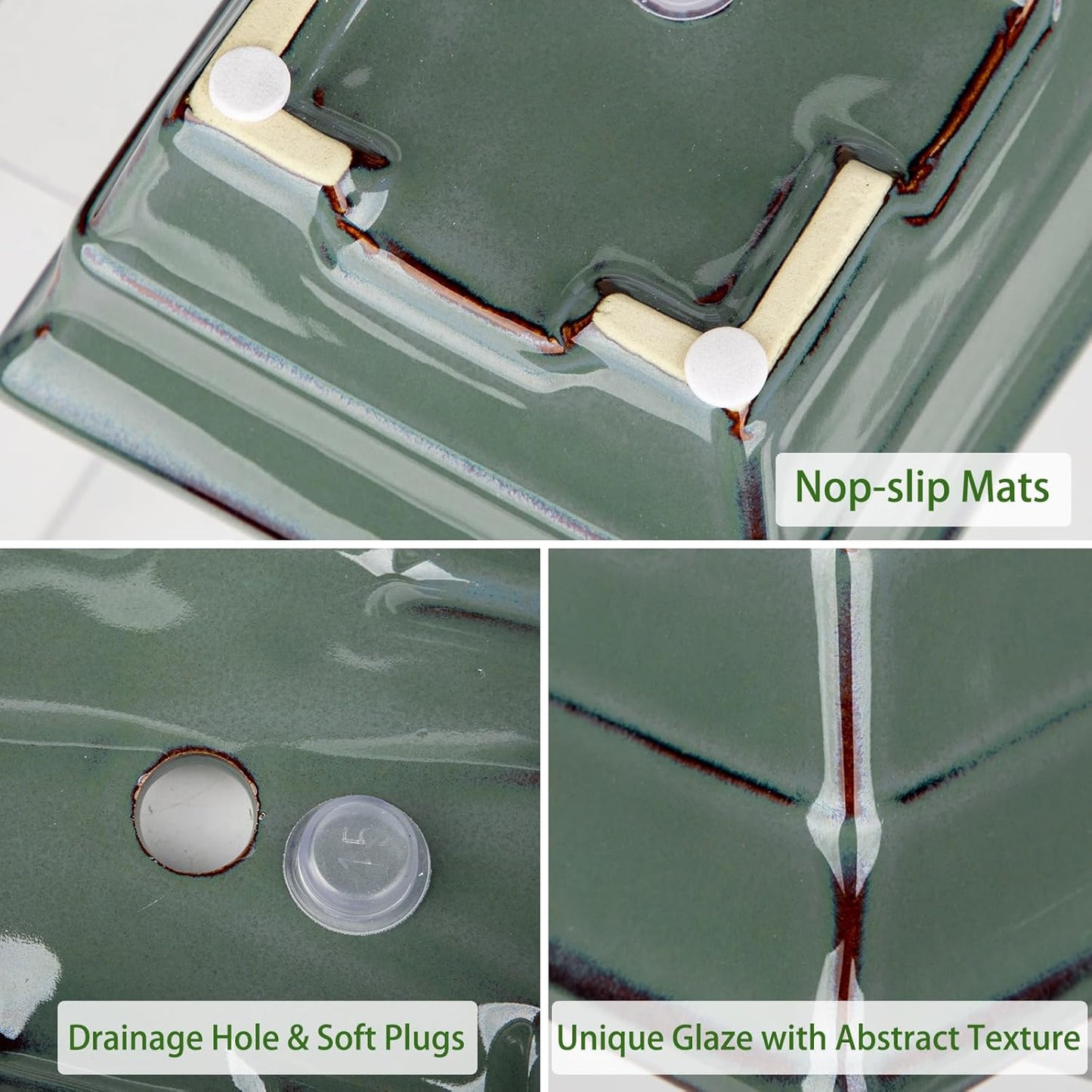 Ceramic Bonsai Pots with Drainage Hole Set of 2, Green Glazed Bonsai Planters for Indoor/Outdoor Use, Rectangular Shallow Bonzai Tree Pot for Succulent, Orchids, Cacti, Home, Patio, Garden, 6.3"x4.9"