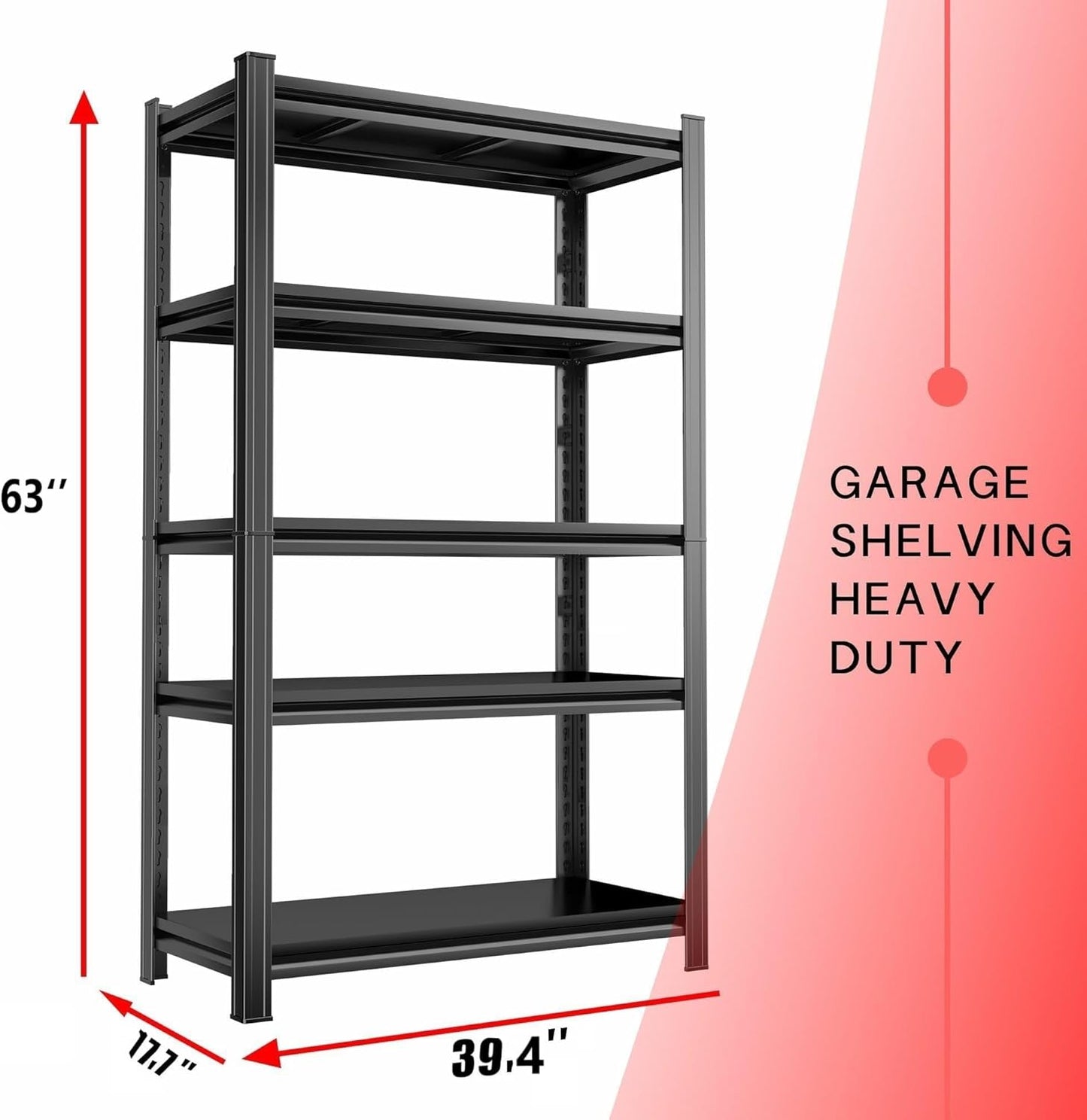 2500lb Capacity Heavy Duty Industrial Shelves | 5-Tier Steel Storage Rack | Adjustable Garage, Warehouse, Workshop Shelving | 63" H x 39.4" W x 17.7" D | Black