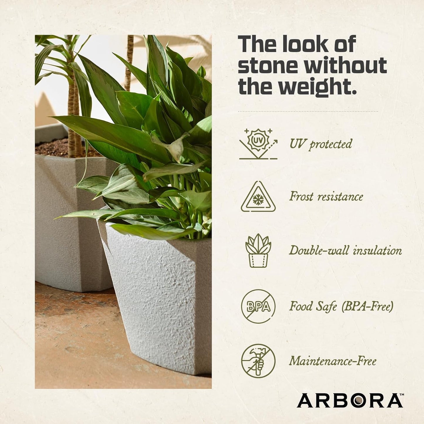 ARBORA 16" Monaco Square Polyresin Indoor and Outdoor Planter with Stone Blend Concrete Gray Finish - Durable, Weatherproof, Lightweight, Large Plant Pot for Patio, Garden, Deck, Entryway