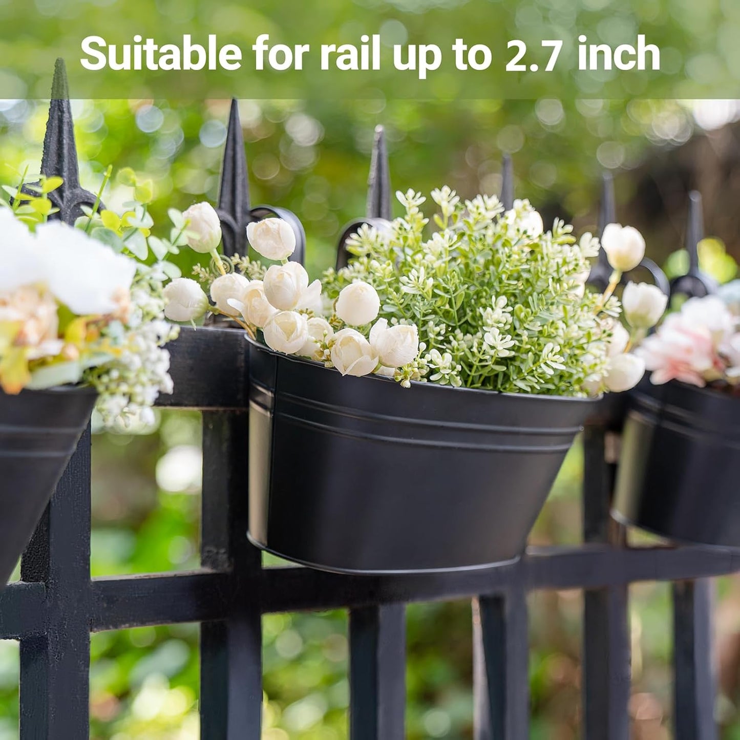 Dahey Metal Iron Hanging Flower Pots for Railing Fence Hanging Bucket Pots Countryside Style Outdoor Planter Window Flower Plant Holder with Detachable Hooks Home Decor, Black,4 Pcs