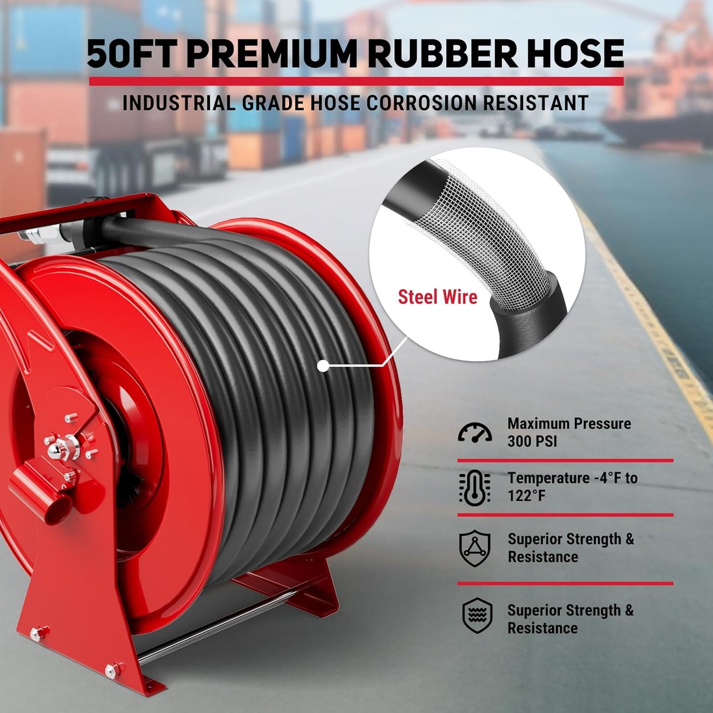 Fuel Hose Reel 1" x 50FT Extra Long Retractable Diesel Reel 300 PSI Auto Swivel Rewind Diesel Hose Reel with Fueling Nozzle Industrial Carbon Steel for Vehicle Tank Truck Trailer Ship, Red