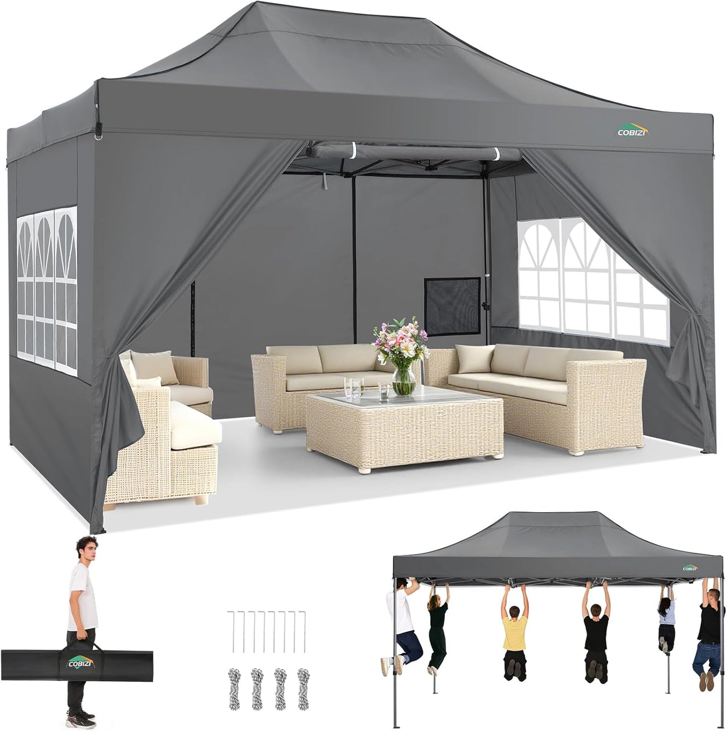 COBIZI 10x15 Pop up Canopy Heavy Duty with 4 Sidewalls, Easy Set-up Commercial Outdoor Party Canopy, 100% Waterproof Wedding Gazebo, 3 Height Adjustable with Handbag, Gray