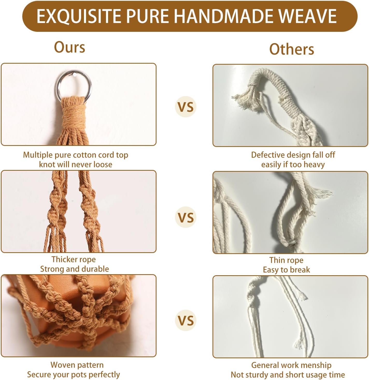 Artilady Macrame Hanging Planter for Indoor Plants, Boho Woven Plant Hanger Large Hanging Flower Pot Holders Outdoor Baskets Storage No Tassels Brown Wall Decor