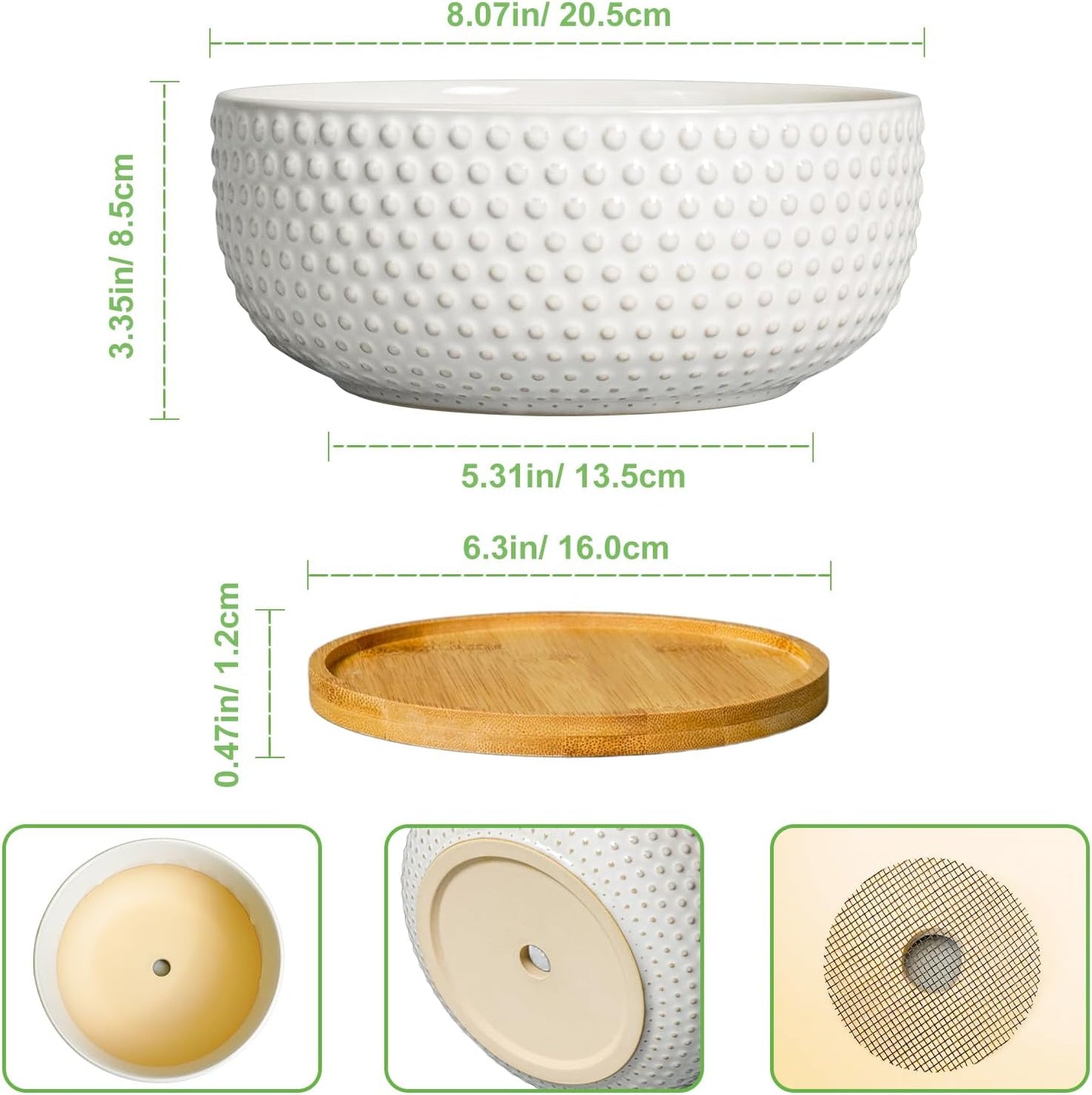 Succulent Pots 8 Inch - Ceramic Bonsai Planters for Indoor Plants, Plant Pot with Drainage Hole and Saucer, Shallow Round Flower Planter, Modern Room Decor, Gifts for Plant Lover, White