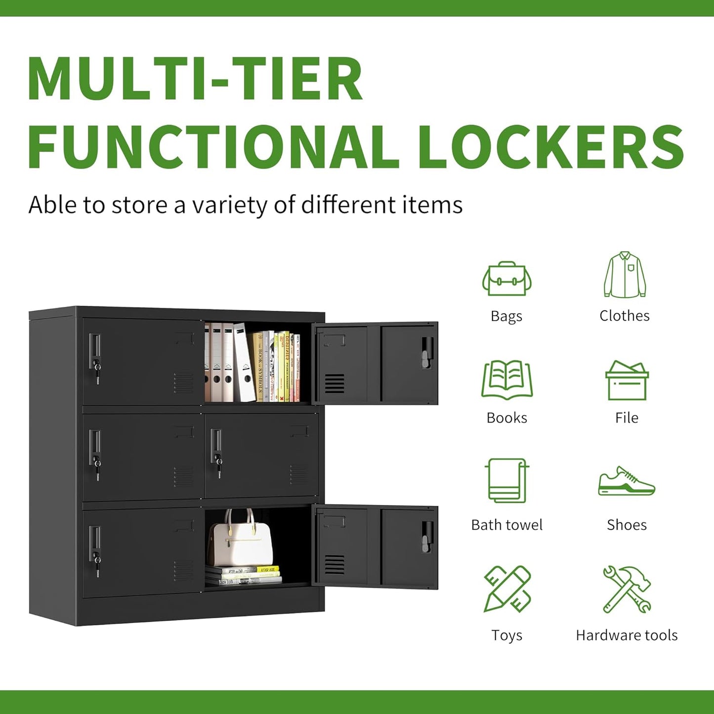 6 Doors Metal Lockers for Employees, Steel Storage Locker with Lock and Card Slot, Employee Lockers for Home, Office, School, Gym, Require Assembly(Black)
