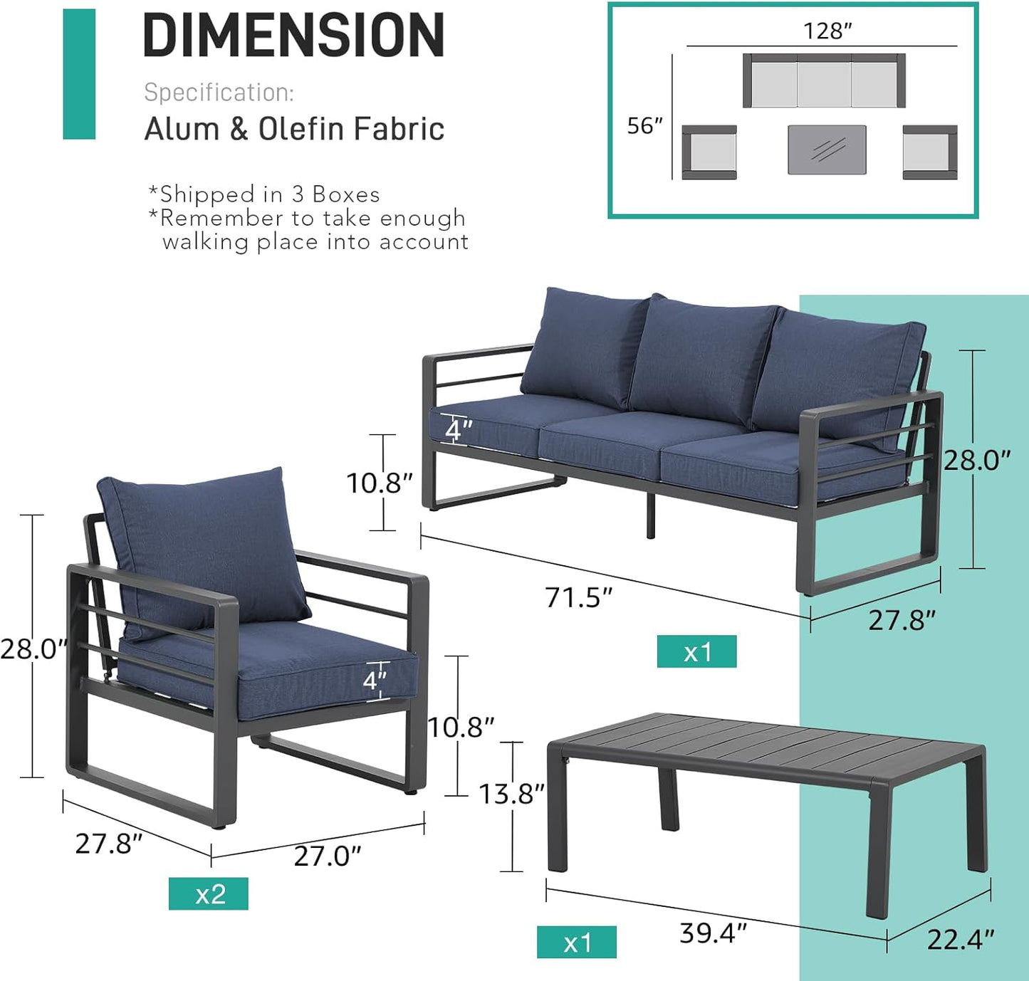 Patiorama Aluminum Patio Furniture Set, 4 PCS Modern Patio Conversation Set, All Weather Dark Grey Outdoor Sectional Sofa Set w/Table, 3-Seater Sofa, Superior Olefin Cushion, Garden-Blue Cushion