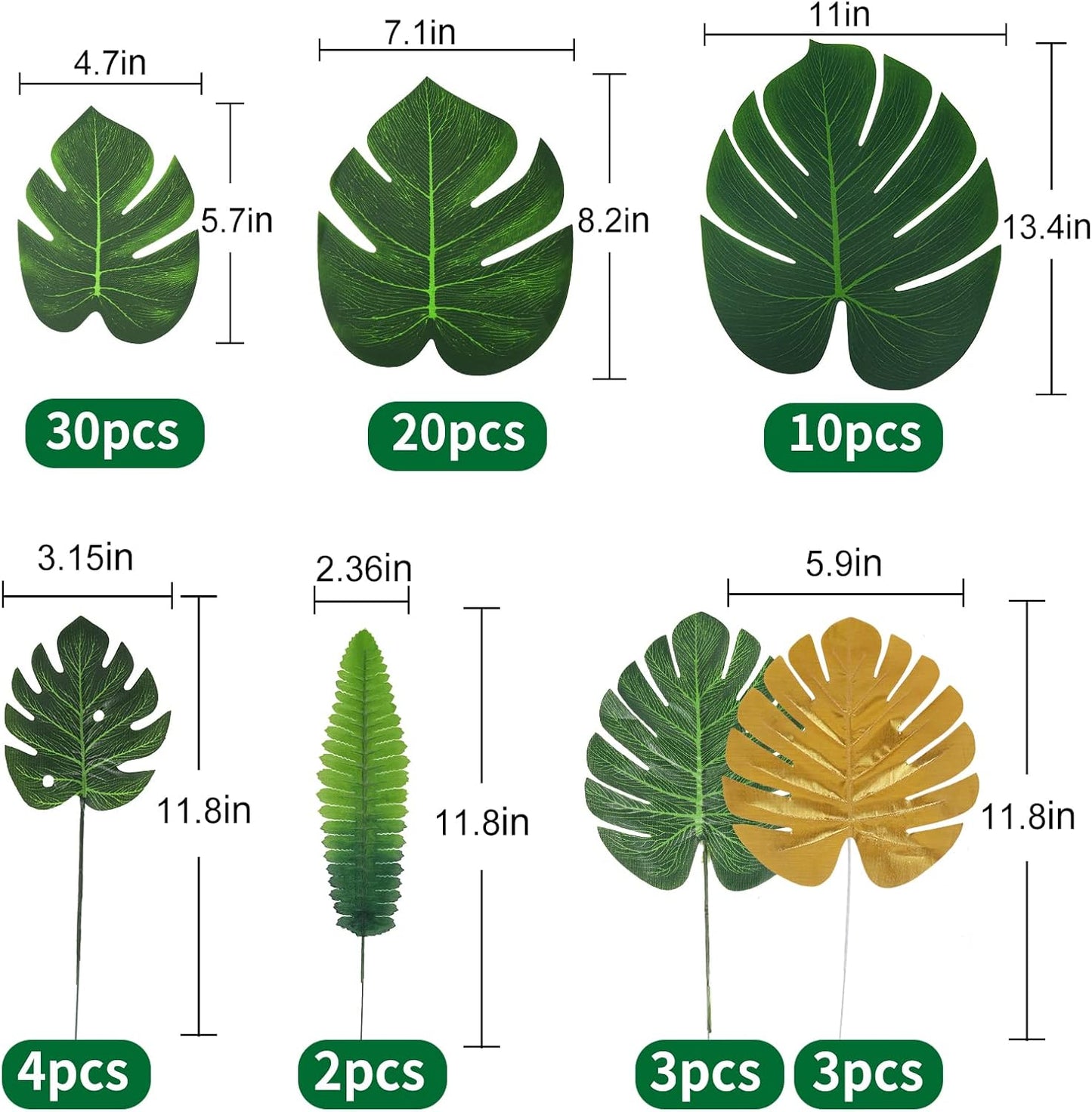 RECUTMS Artificial Tropical Palm Leaves 72Pcs 7 Kinds Green Gold Fake Monstera Leaf with Stem for Safari Jungle Hawaiian Luau Beach Baby Shower Wedding Birthday Party Table Summer Spring Decoration