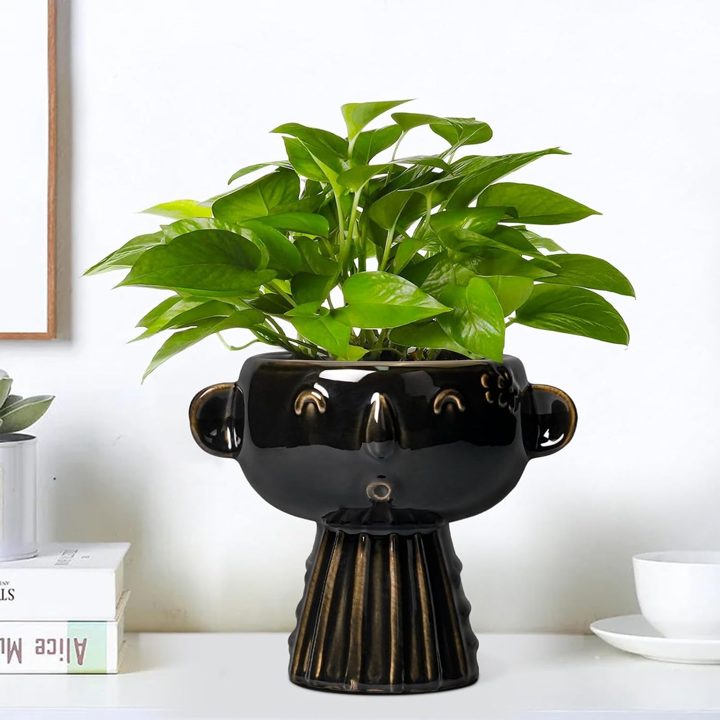 Head Planter 7 Inch - Ceramic Face Planters with Drainage Hole, Funny Succulent Pots for Indoor Outdoor, Cute Decorative Plant Pot, Desk Office Room Home Decor, Black