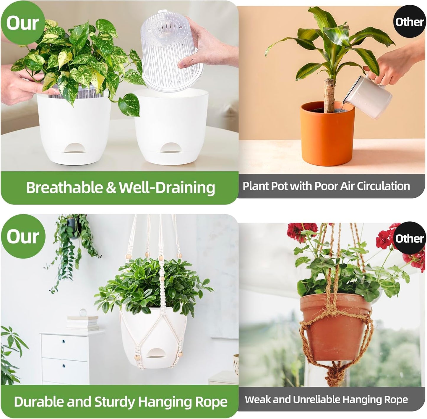 2-Pack 5.7-Inch Self-Watering Hanging Planters for Indoor & Outdoor Plants,34Inch Macrame Hanger Plant Pots Indoor with Drainage,Small Hanging Planters & Baskets,With Two Sets of Hooks（Pure white）