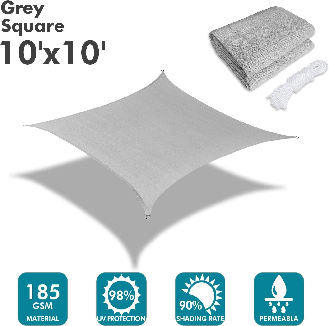 KANAGAWA Sun Shade Sail 10'x10' Gray Square UV Block Canopy Awning Shelter Fabric Cloth Screen for Outdoor Patio Garden Backyard Activities