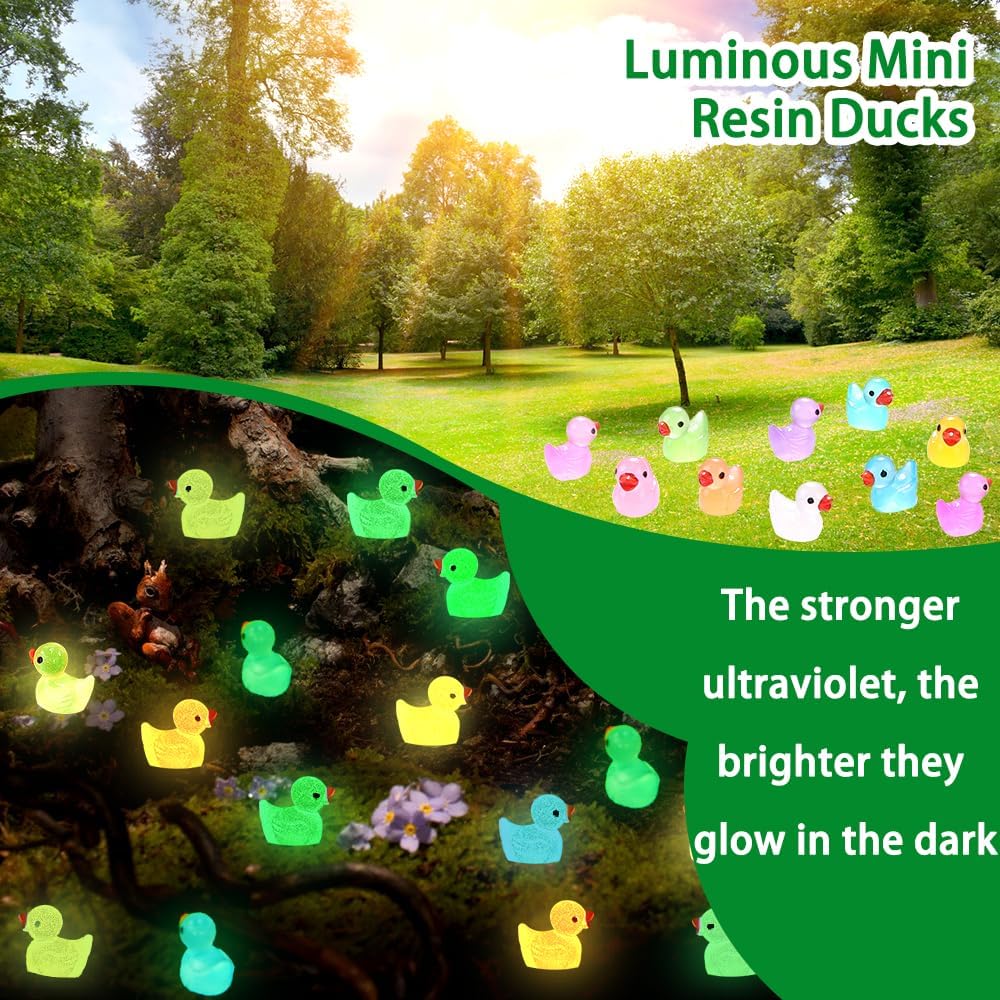 200pcs Luminous Mini Resin Duck 10 Colors Little Small Ducks Glow in The Dark Duck Figures for Dollhouse Aquarium Decor Micro Fairy Garden Landscape Hide and Seek Prank Toys
