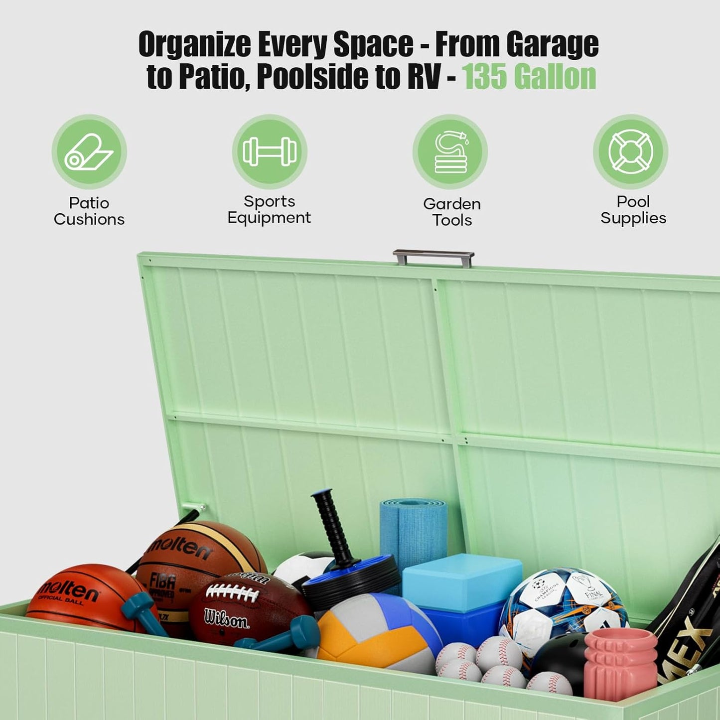 135 Gallon Outdoor Storage Box with Swivel Wheels, Waterproof Aluminum & Polylumber Deck Box, Patio Storage Box with Lid for Patio Furniture, Garden Tools, Outdoor Cushion