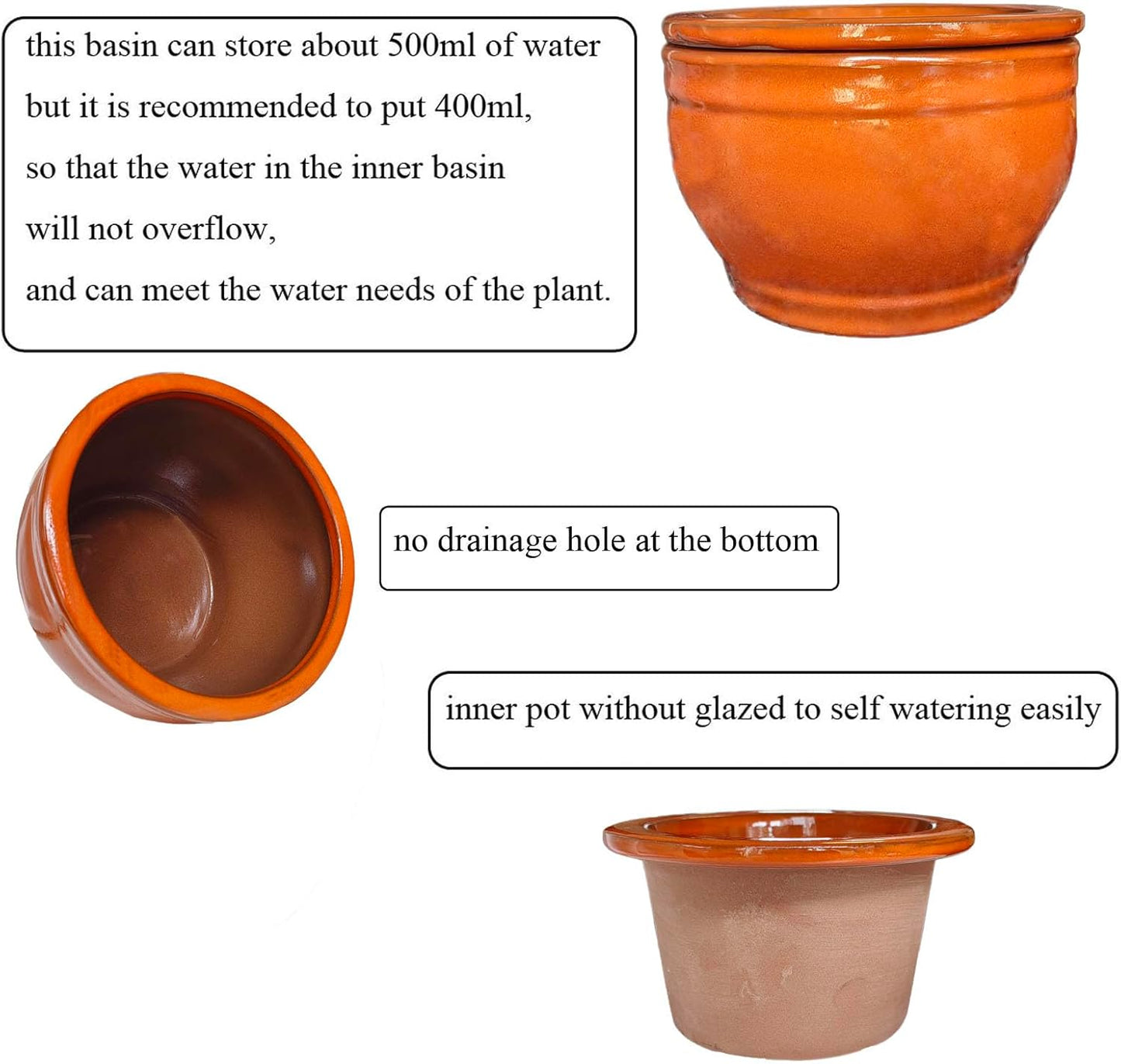 African Violet Pots Self Watering Round Ceramic Violet Pot (Orange, 6 inch)