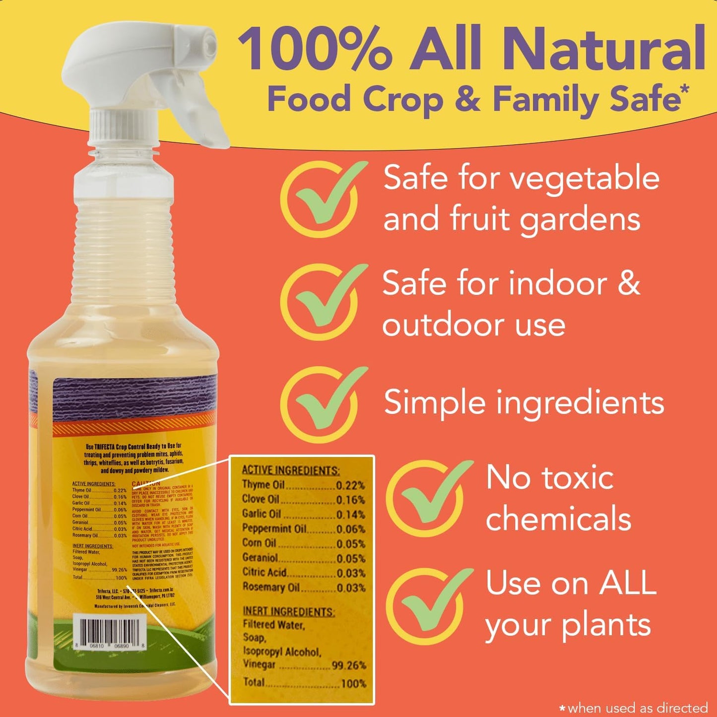 Trifecta Crop Control Ready to Use Maximum Strength Natural Pesticide, Fungicide, Miticide, Insecticide, Help Defeat Spider Mites, Powdery Mildew, Botrytis and Mold on Plants 32 OZ Size