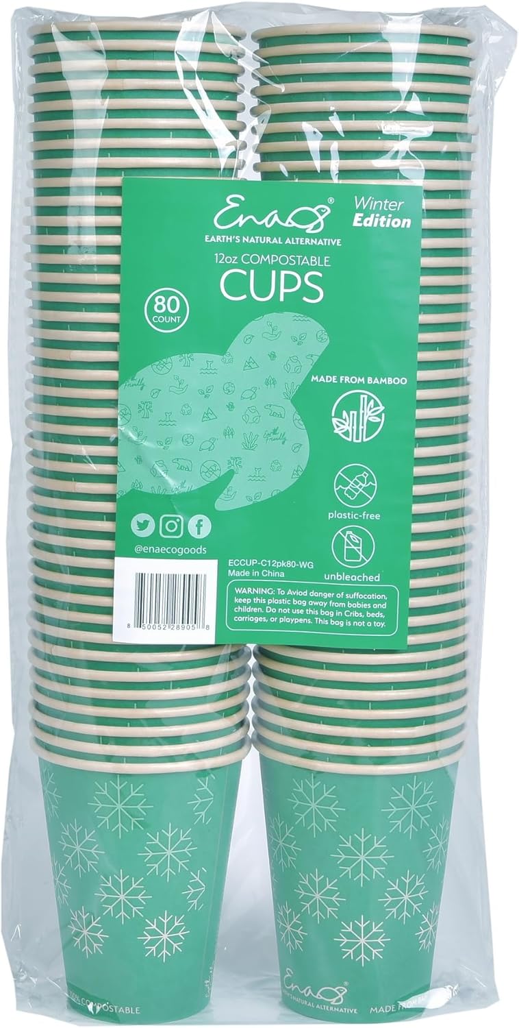 100% Compostable Disposable Coffee Cups [12oz 80 Pack, Winter Green] Paper Cups Made from Unbleached Bamboo Fiber, To Go Coffee Cups by Earth's Natural Alternative