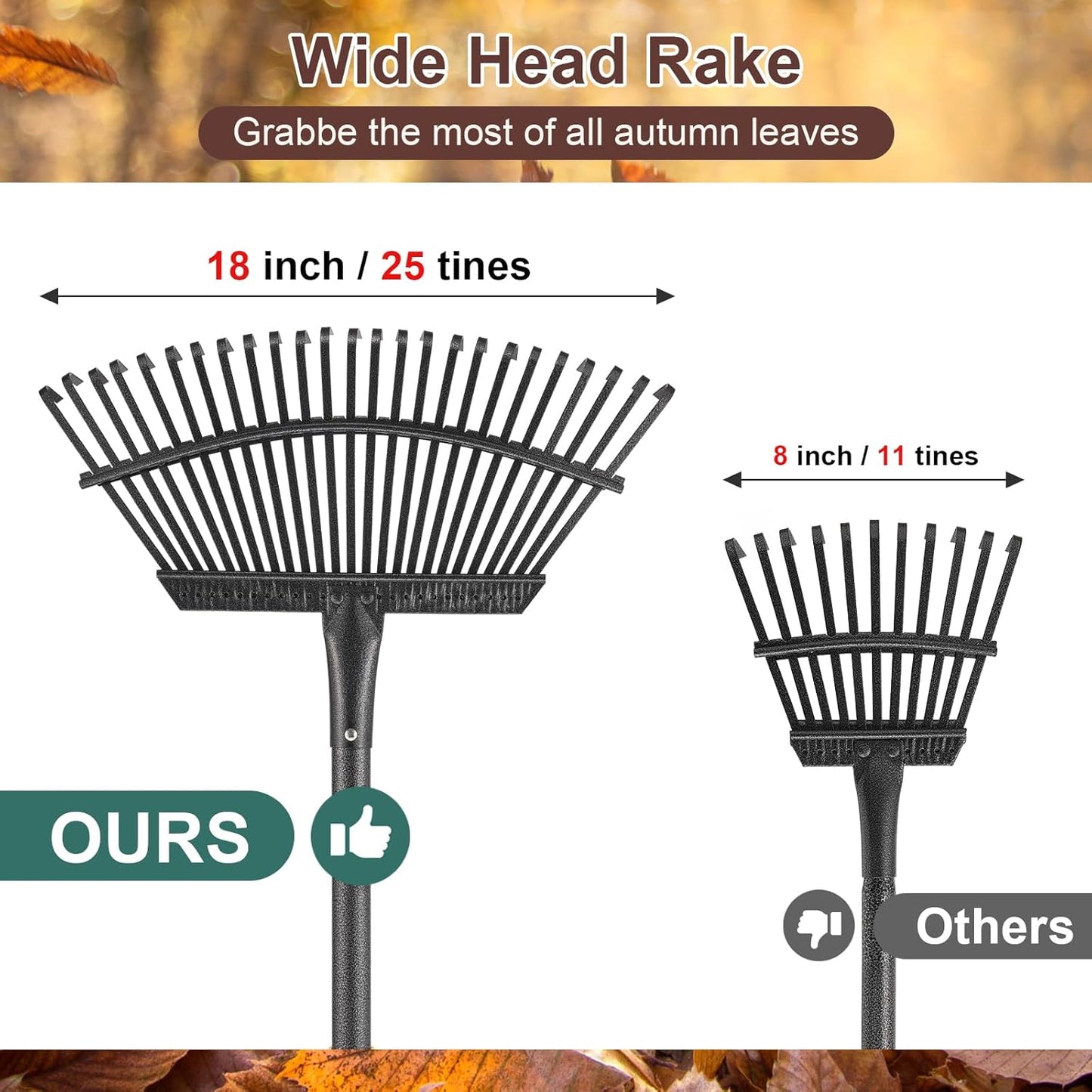 Metal Garden Rake, 6FT Rake for Leaves Lawns, 25 Metal Tines 18 inch Wide with Adjustable Handle Heavy Duty Yard Leaf Rakes for Gardening