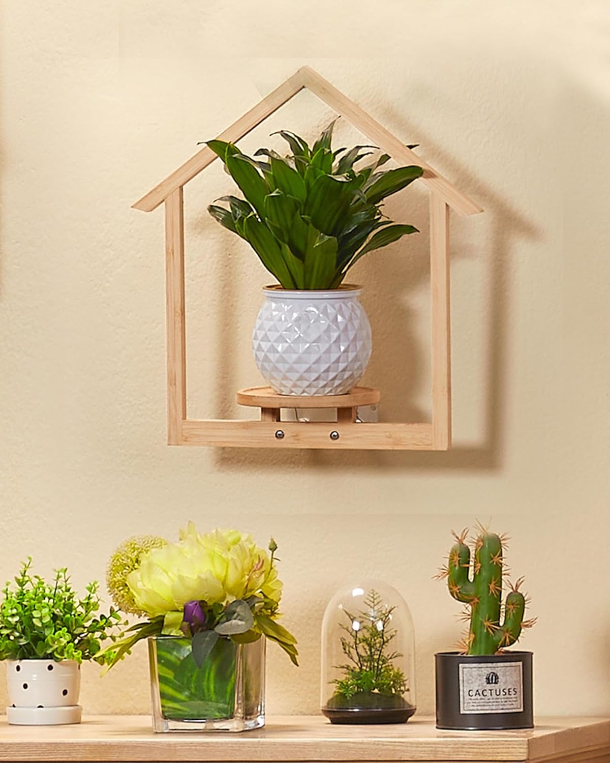 yadoker Wall Planters for Indoor Plants,Bamboo Hanging Plant Holders in a House Shape, Wall Decor Plant Stand, 3-Pack Window Plant Shelves for Living Room & Entryway